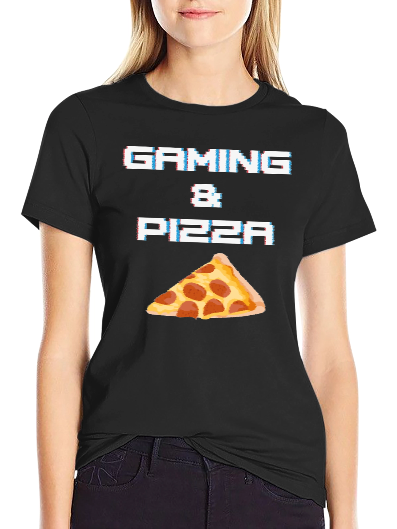 Gaming & Pizza Black Graphic T-Shirt