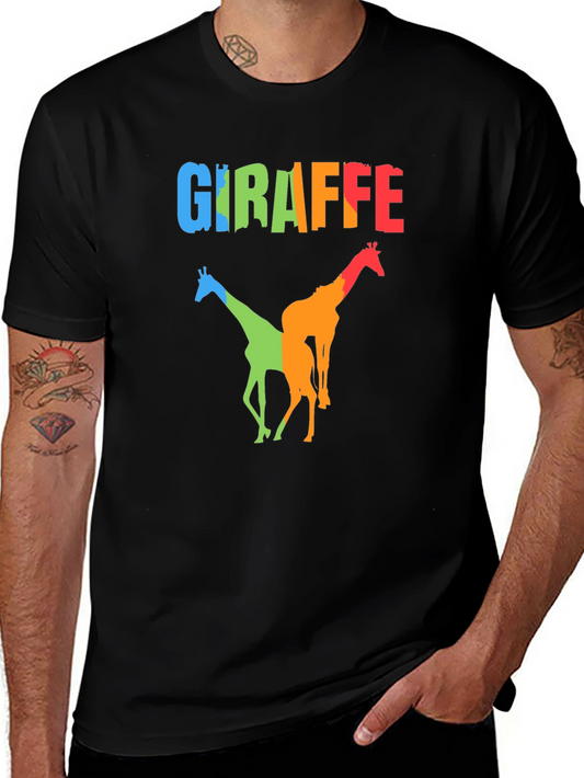 Colorful Giraffe Graphic Print Black T-Shirt