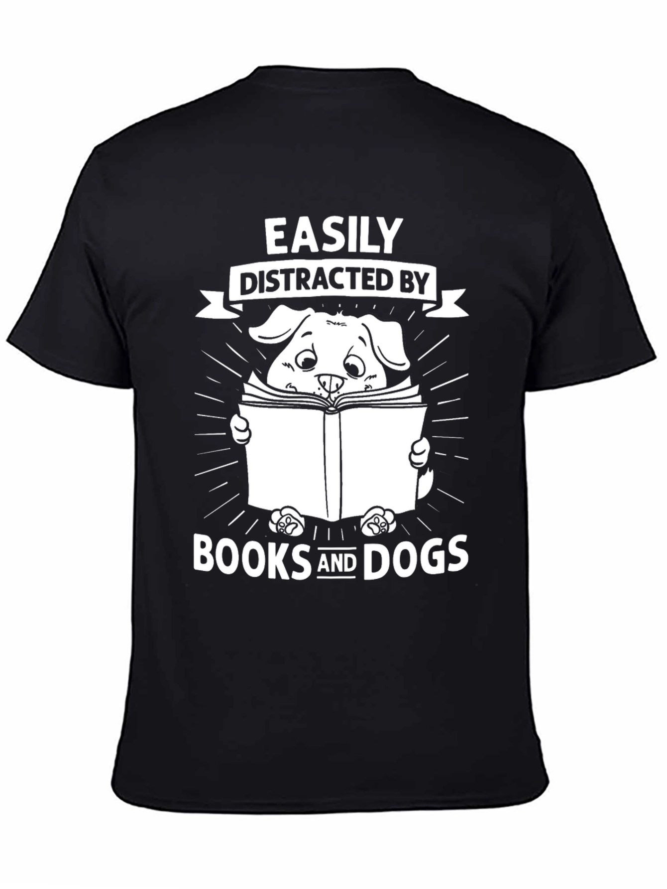 Easily Distracted By Books and Dogs Black Graphic T-Shirt