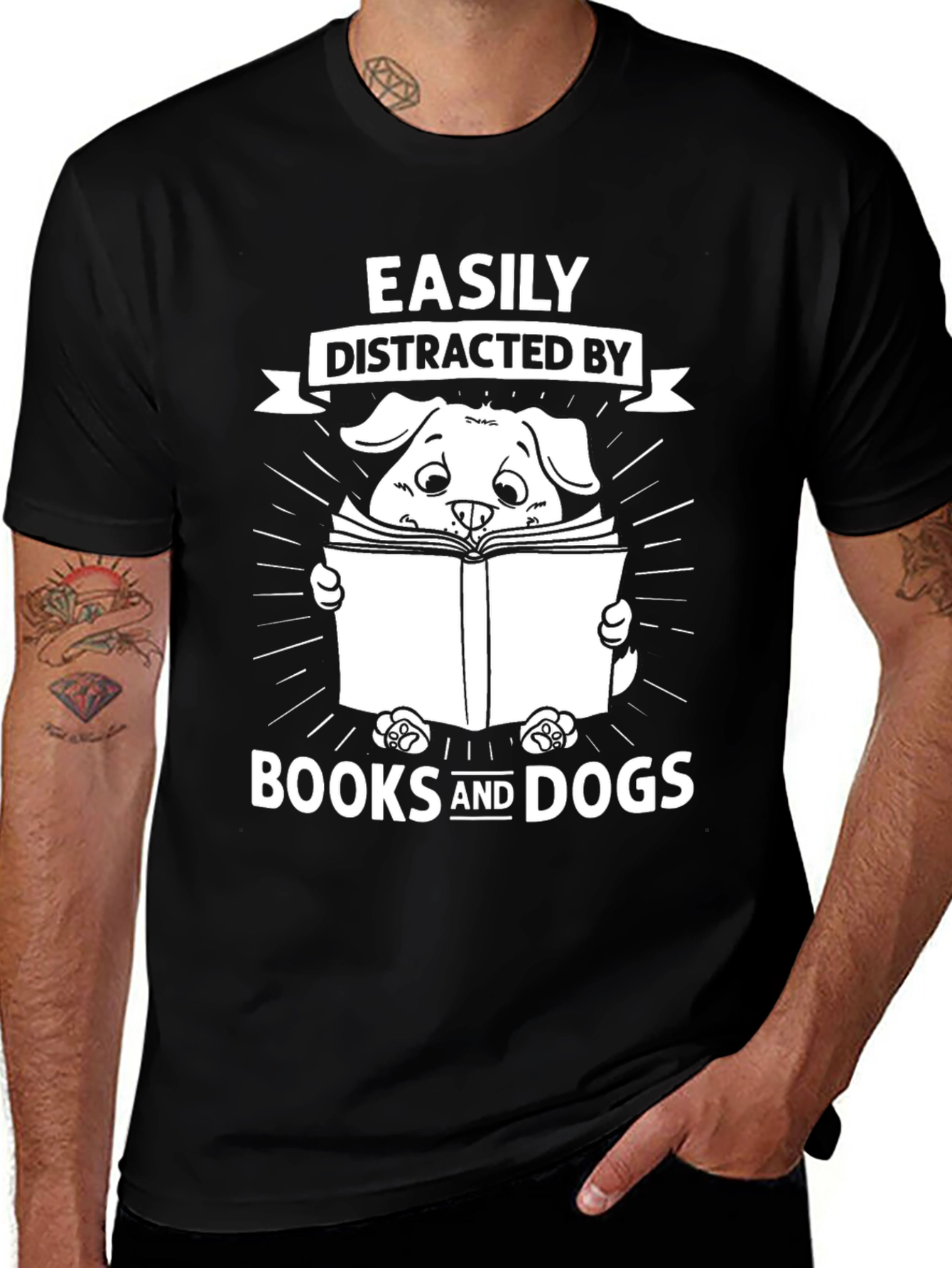 Easily Distracted By Books and Dogs Black Graphic T-Shirt