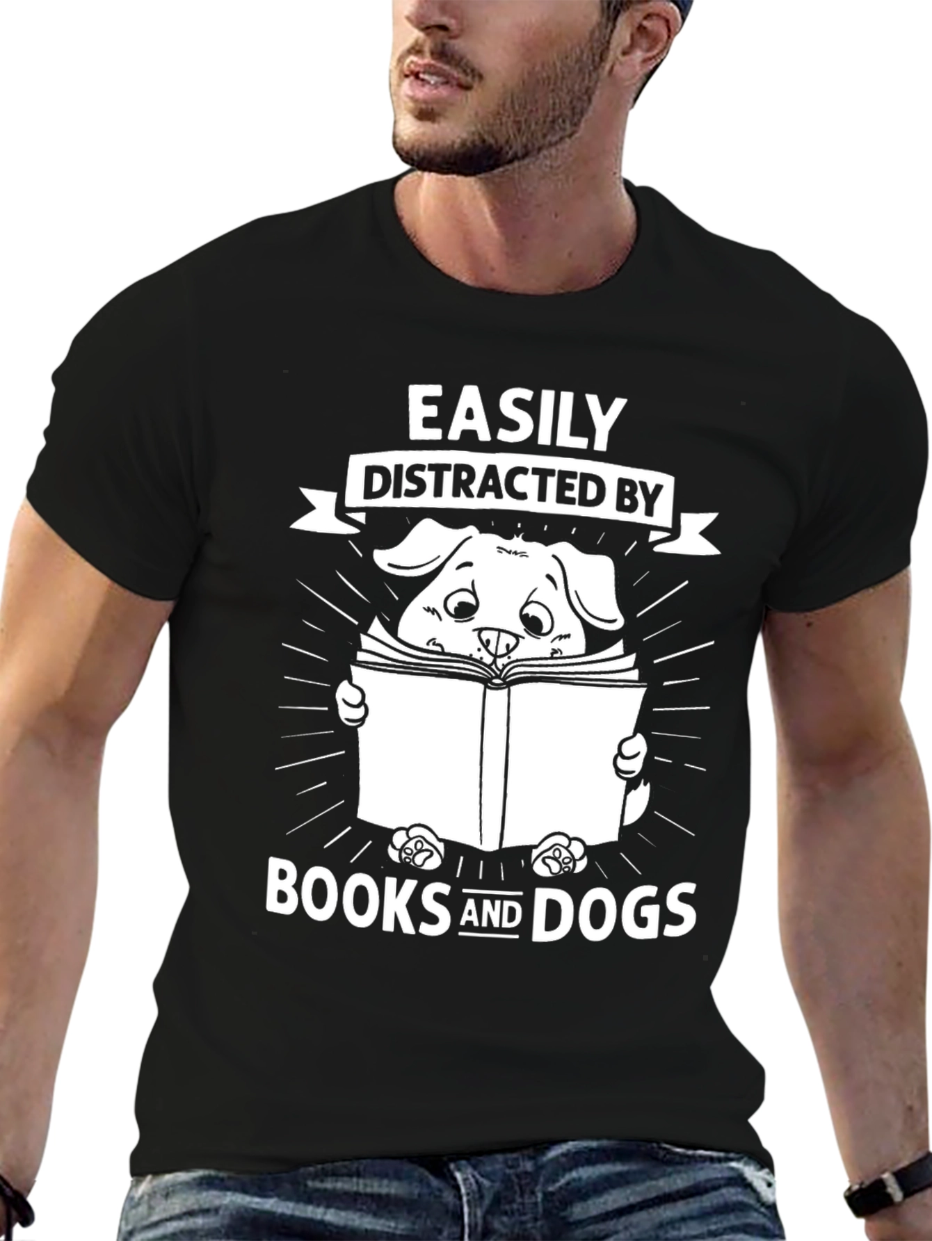 Easily Distracted By Books and Dogs Black Graphic T-Shirt