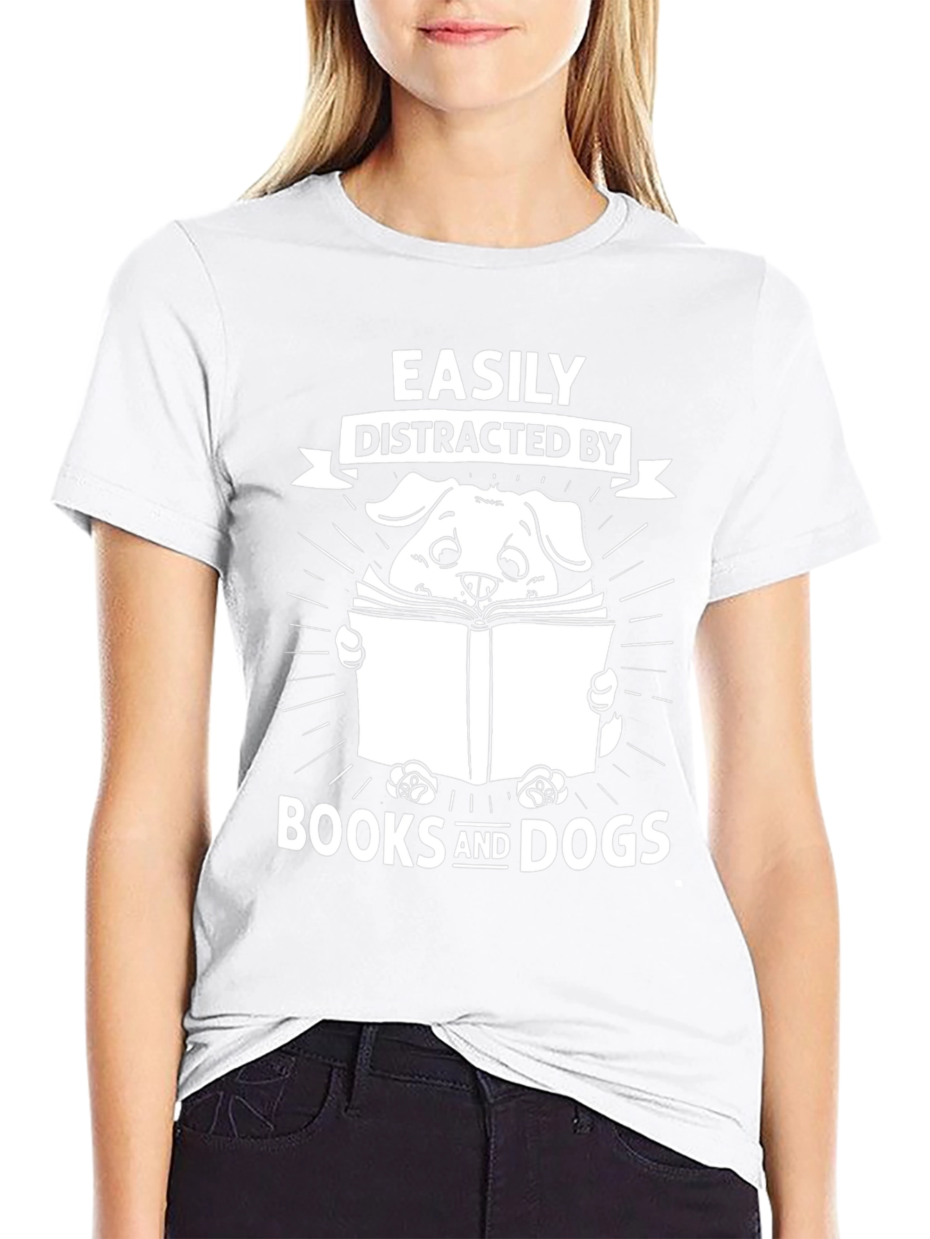 Easily Distracted By Books and Dogs Black Graphic T-Shirt