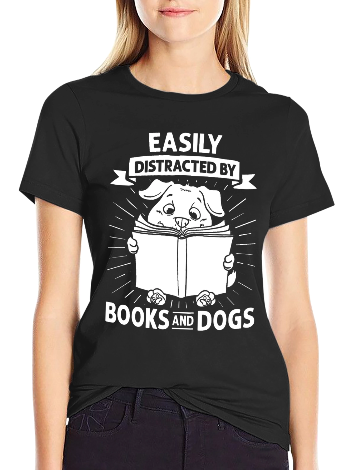 Easily Distracted By Books and Dogs Black Graphic T-Shirt