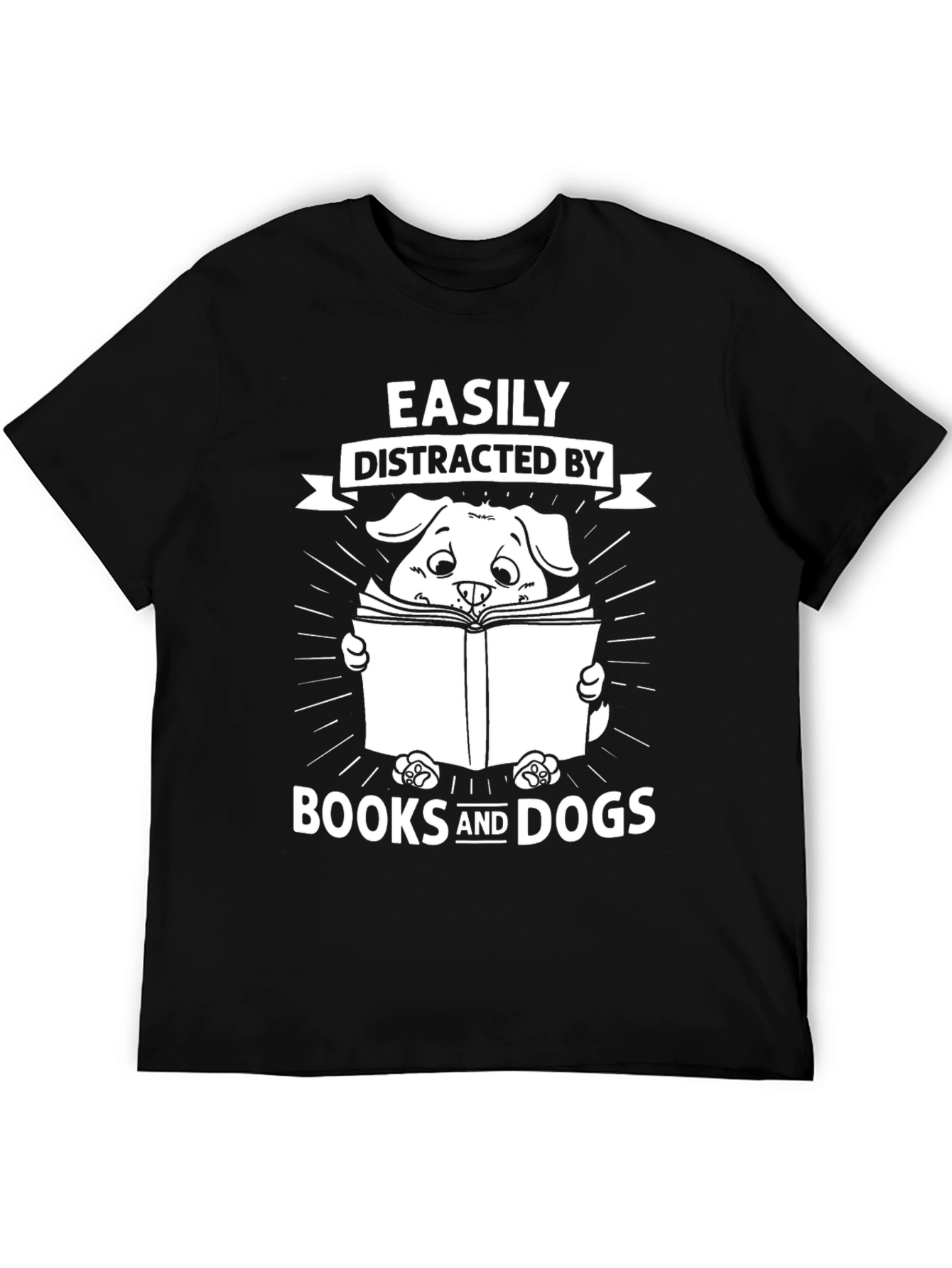 Easily Distracted By Books and Dogs Black Graphic T-Shirt