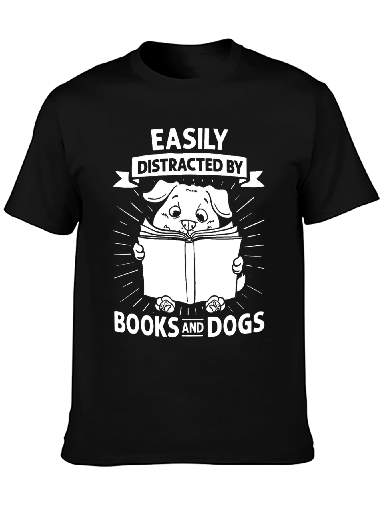 Easily Distracted By Books and Dogs Black Graphic T-Shirt