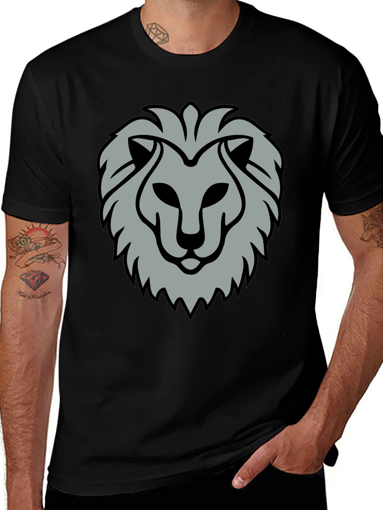 Lion Head Graphic Print Black T-Shirt