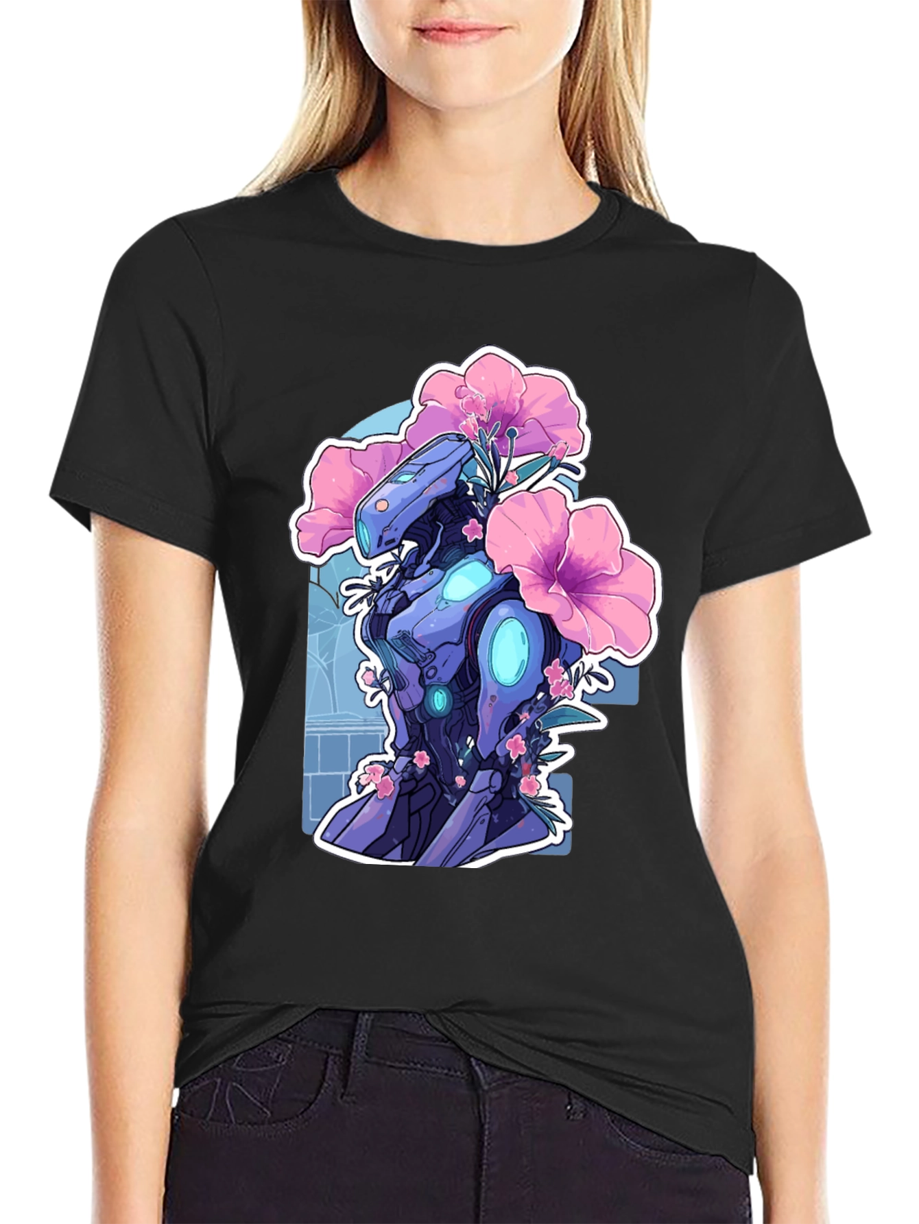 Robot & Flowers Graphic Tee - Black Casual Shirt
