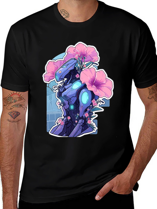 Robot & Flowers Graphic Tee - Black Casual Shirt