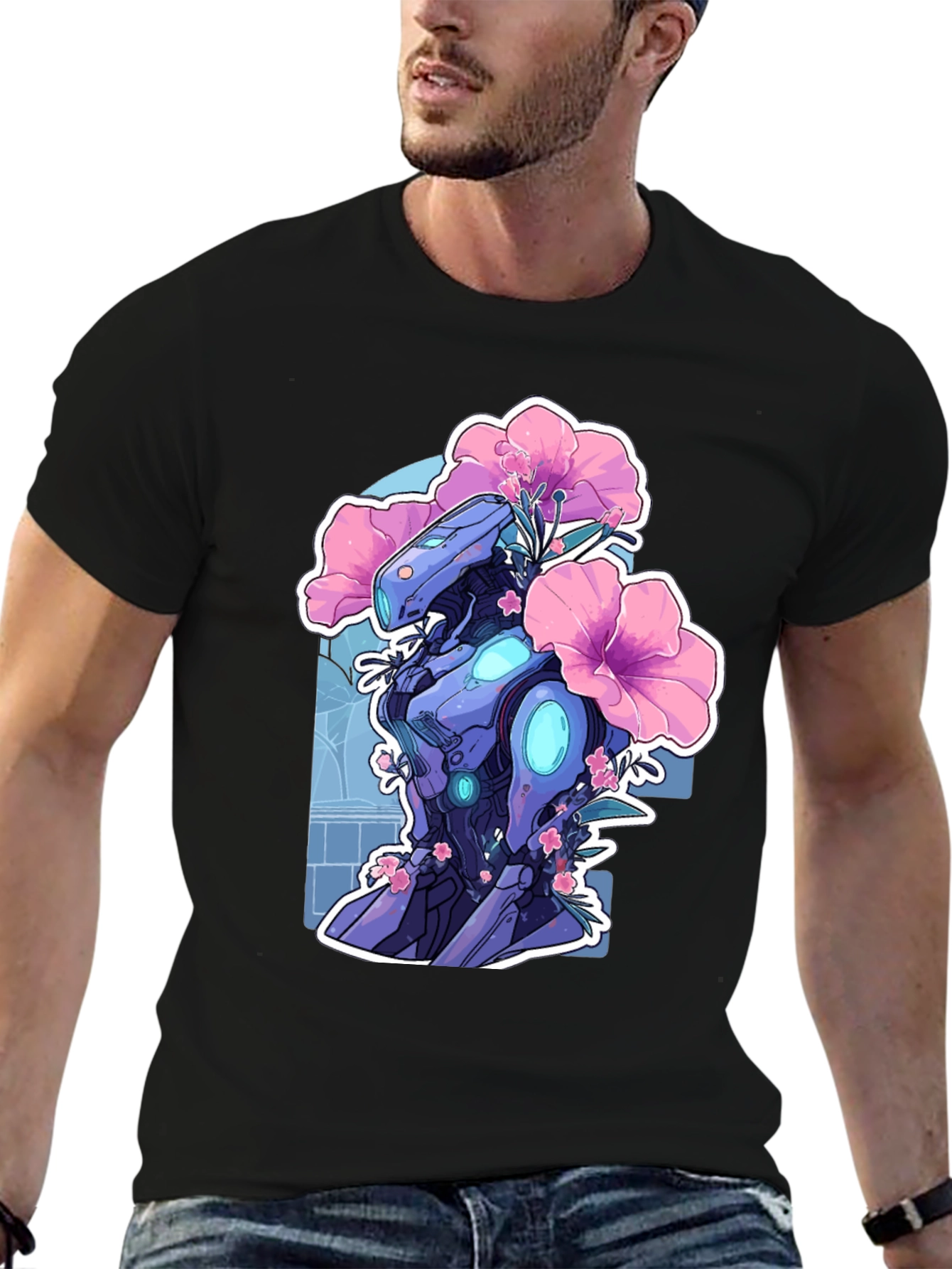 Robot & Flowers Graphic Tee - Black Casual Shirt
