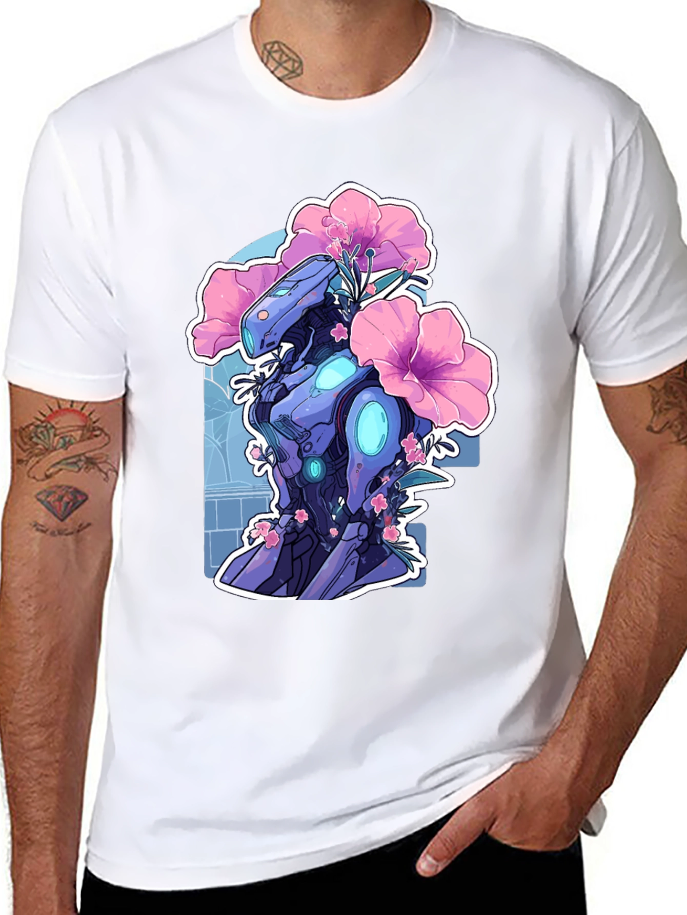 Robot & Flowers Graphic Tee - Black Casual Shirt