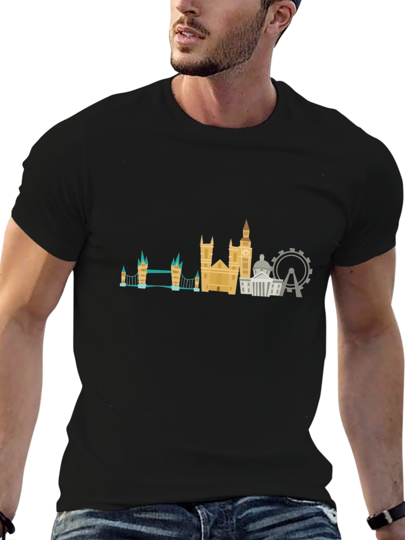 London Skyline Graphic Tee - Black Cotton T-Shirt