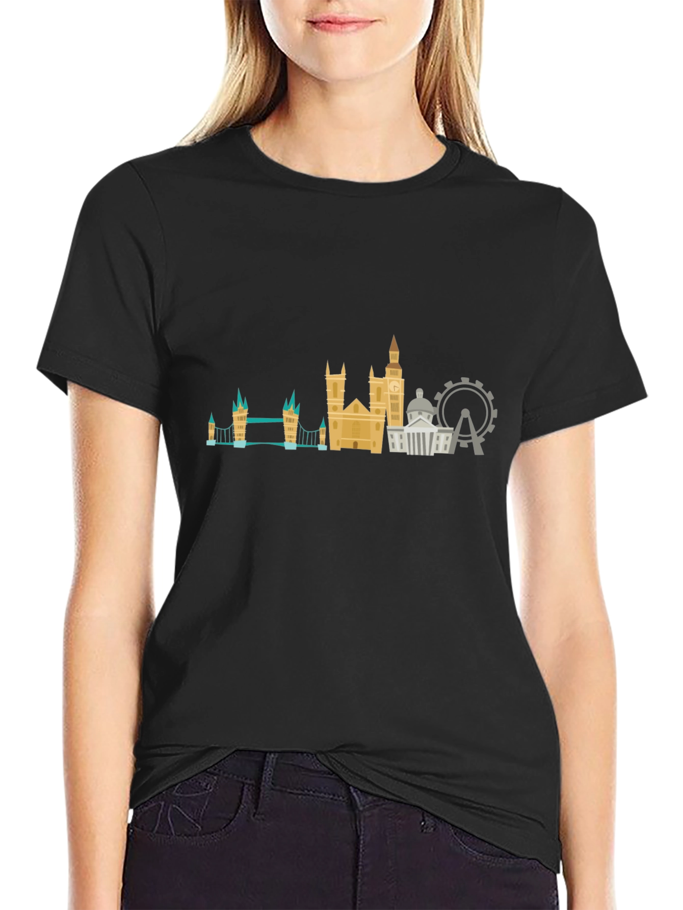London Skyline Graphic Tee - Black Cotton T-Shirt