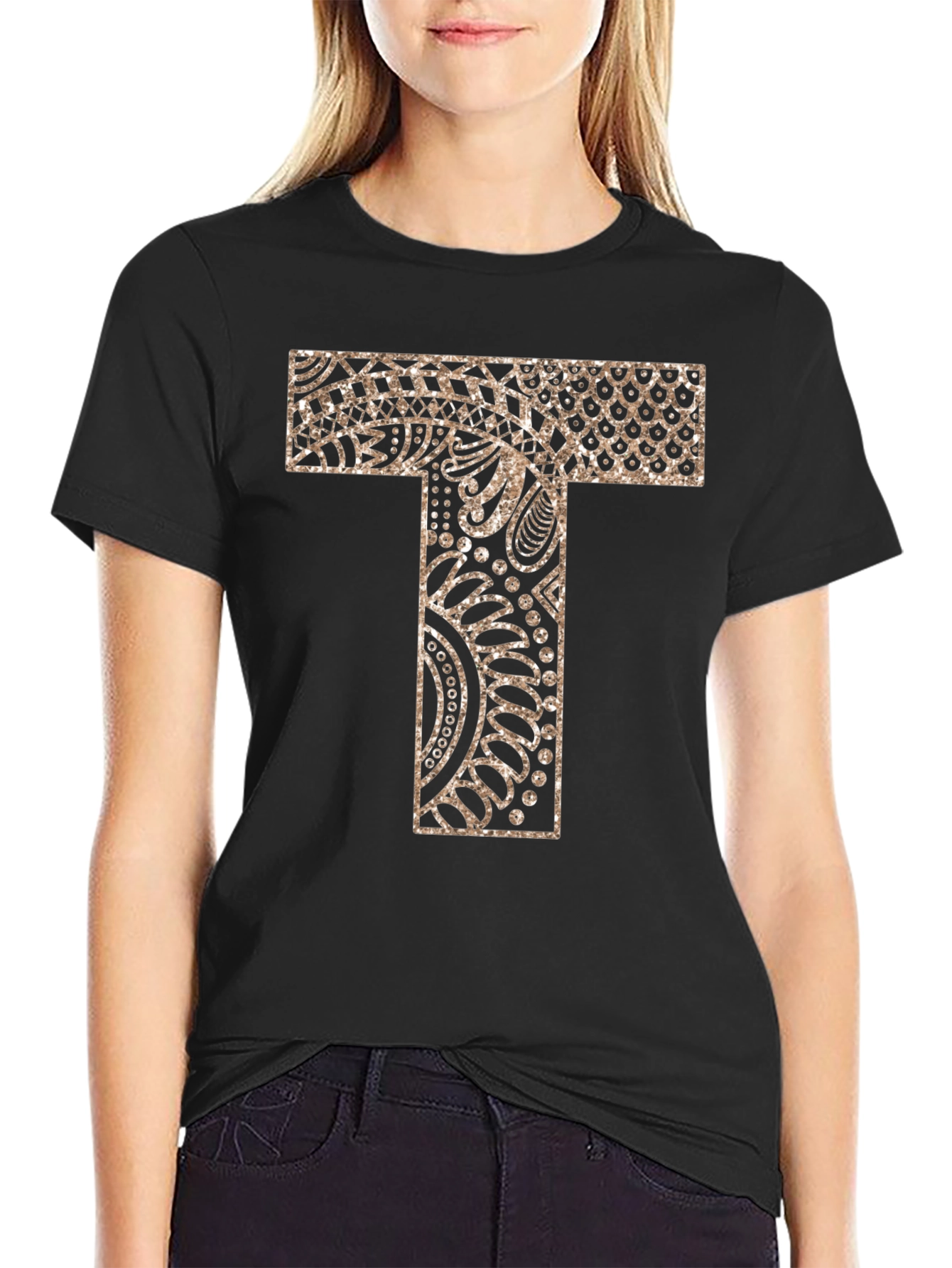 Letter T Patterned Black T-Shirt