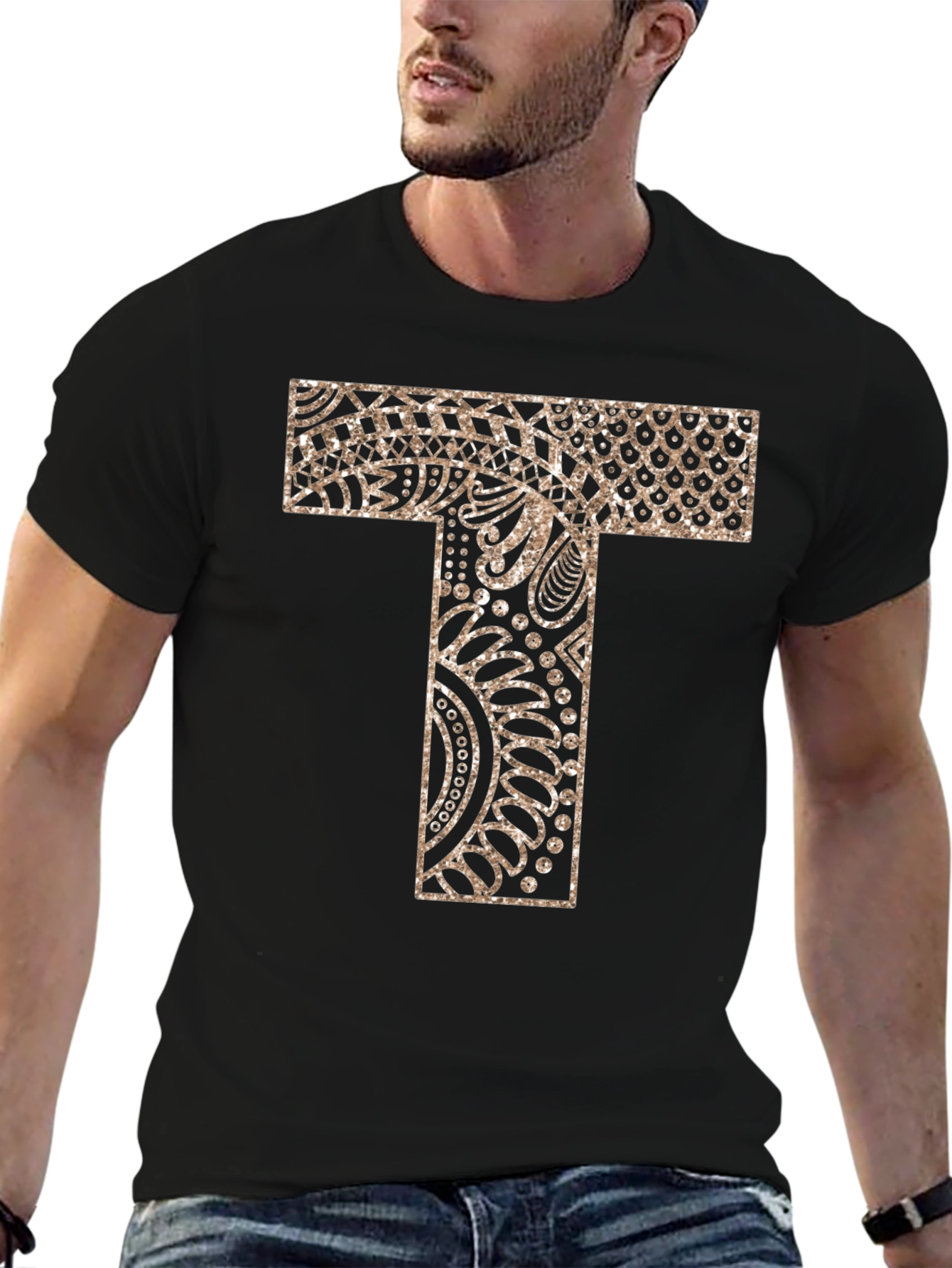 Letter T Patterned Black T-Shirt
