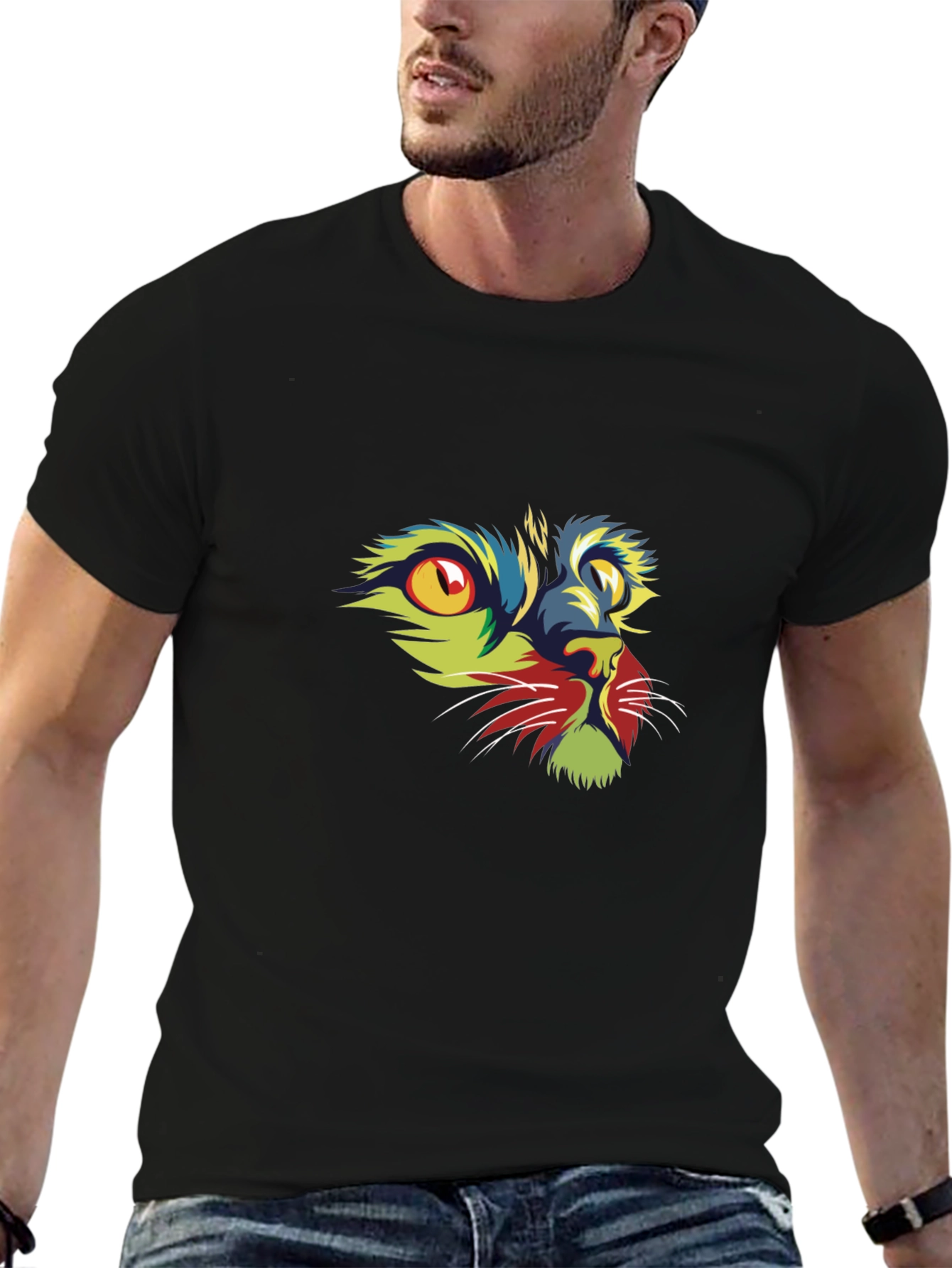 Vibrant Cat Graphic Print Black T-Shirt
