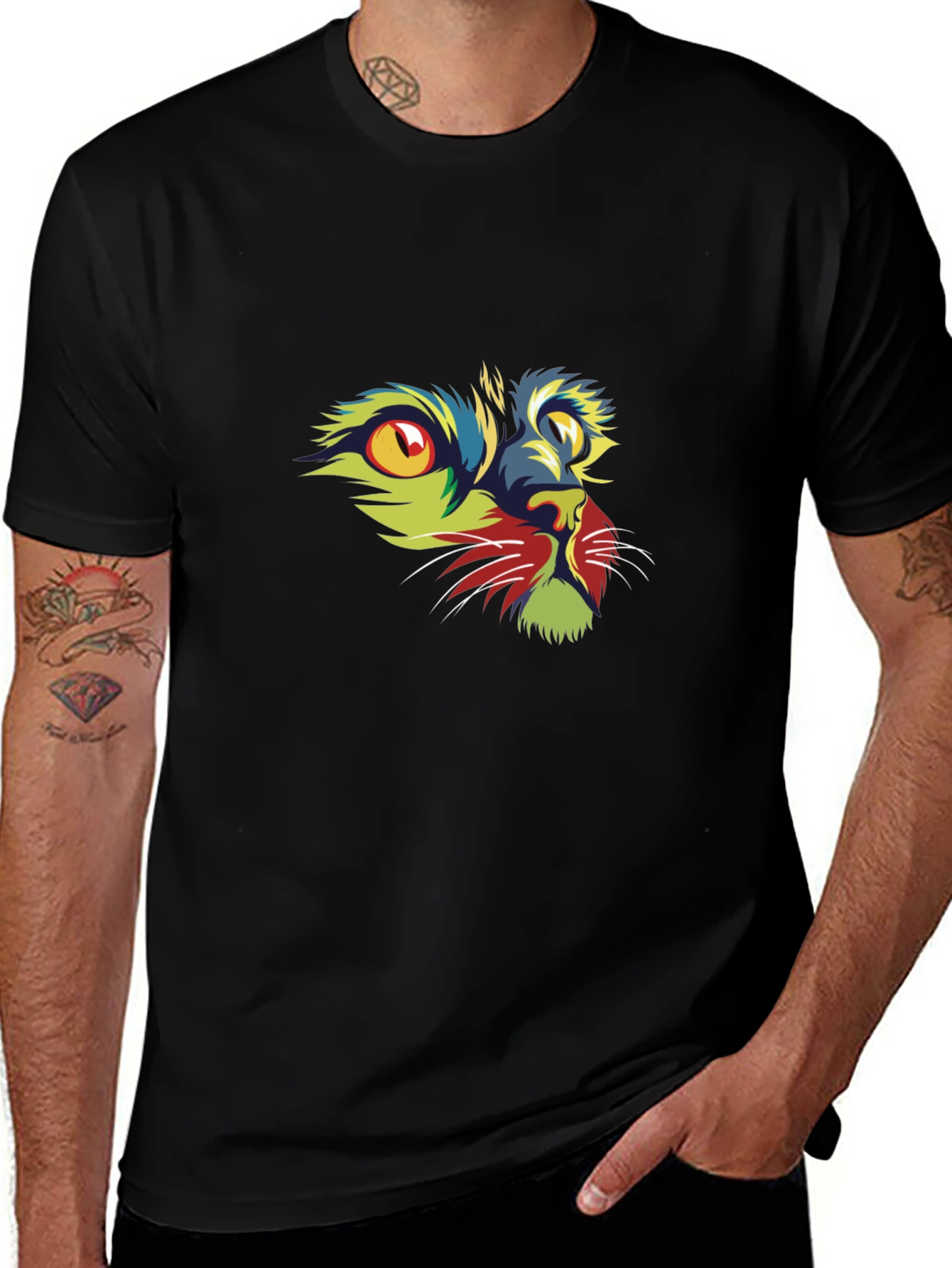 Vibrant Cat Graphic Print Black T-Shirt