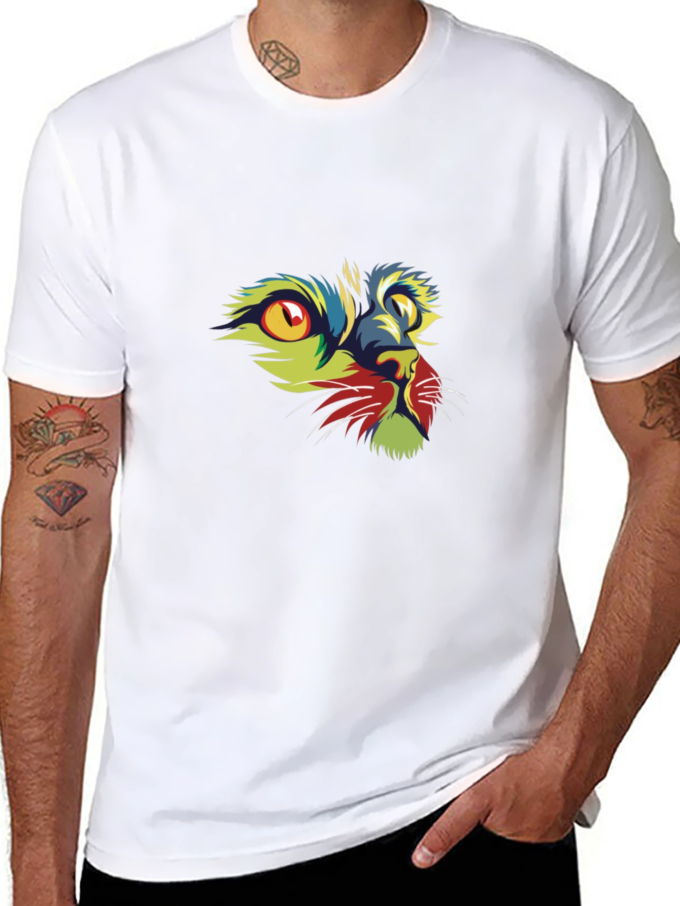 Vibrant Cat Graphic Print Black T-Shirt