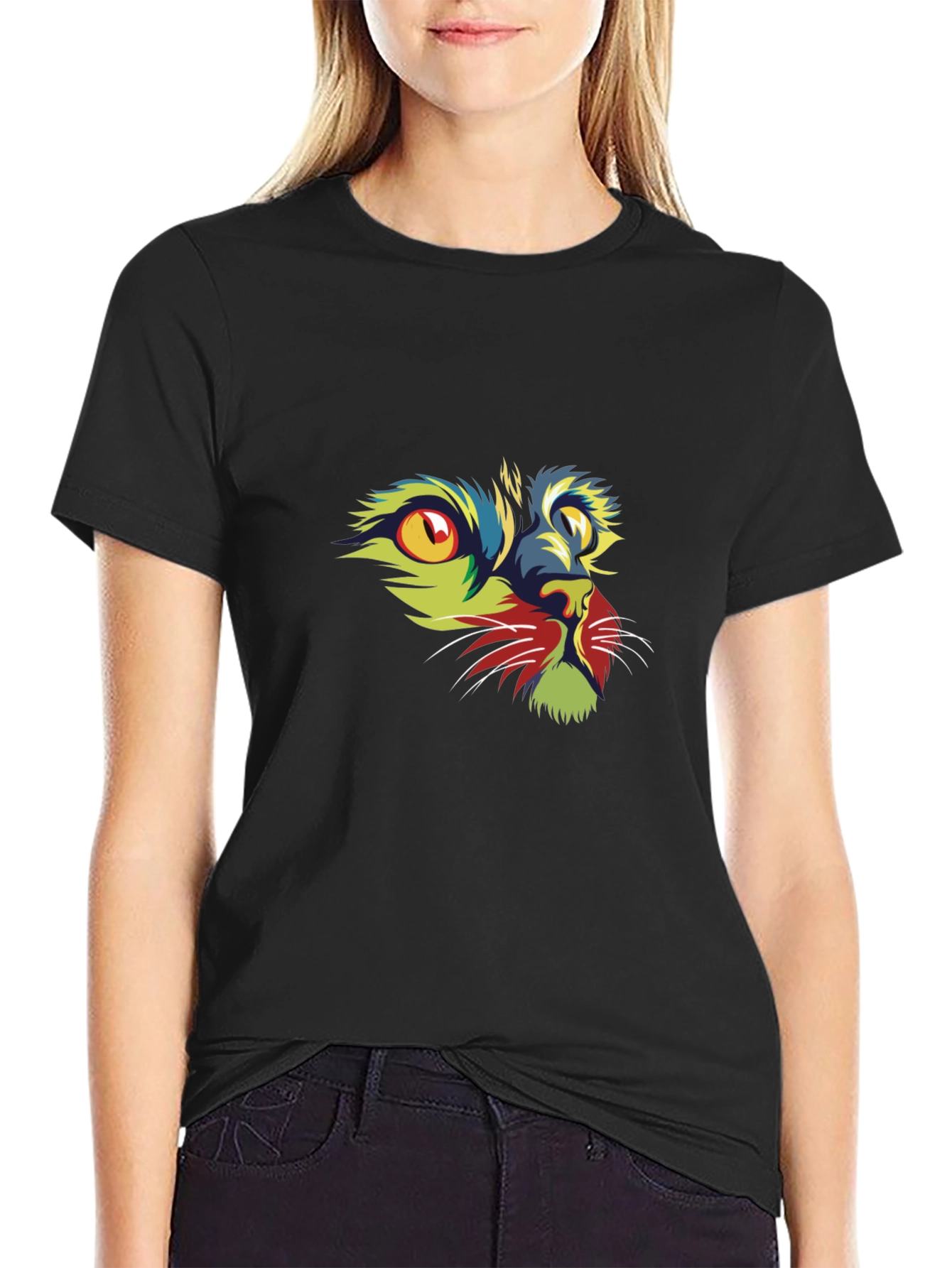 Vibrant Cat Graphic Print Black T-Shirt