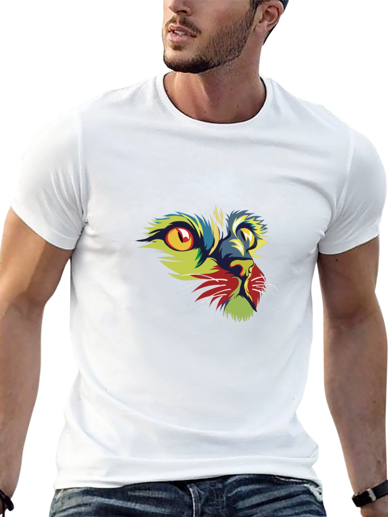 Vibrant Cat Graphic Print Black T-Shirt