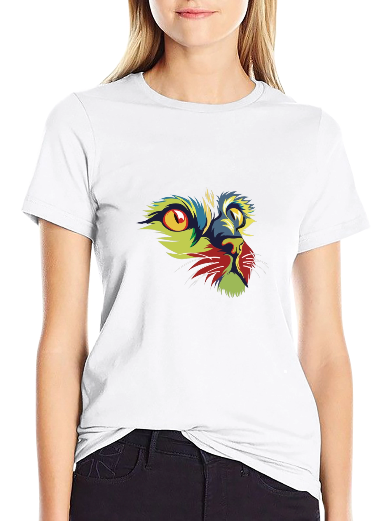 Vibrant Cat Graphic Print Black T-Shirt