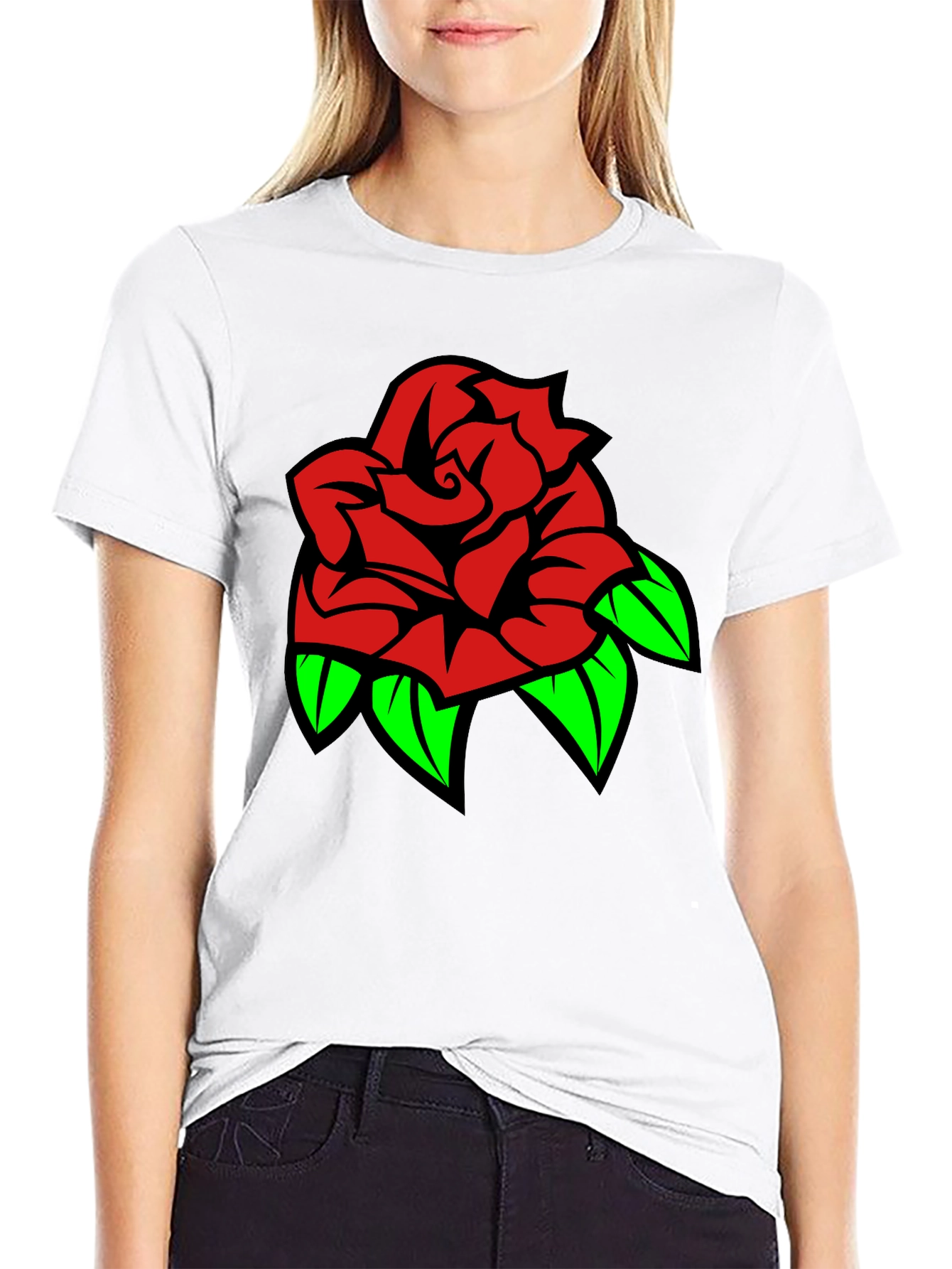 Rose Graphic Tee - Bold Red & Green Design