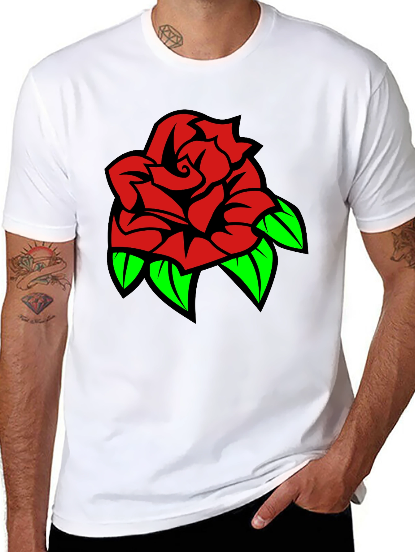 Rose Graphic Tee - Bold Red & Green Design