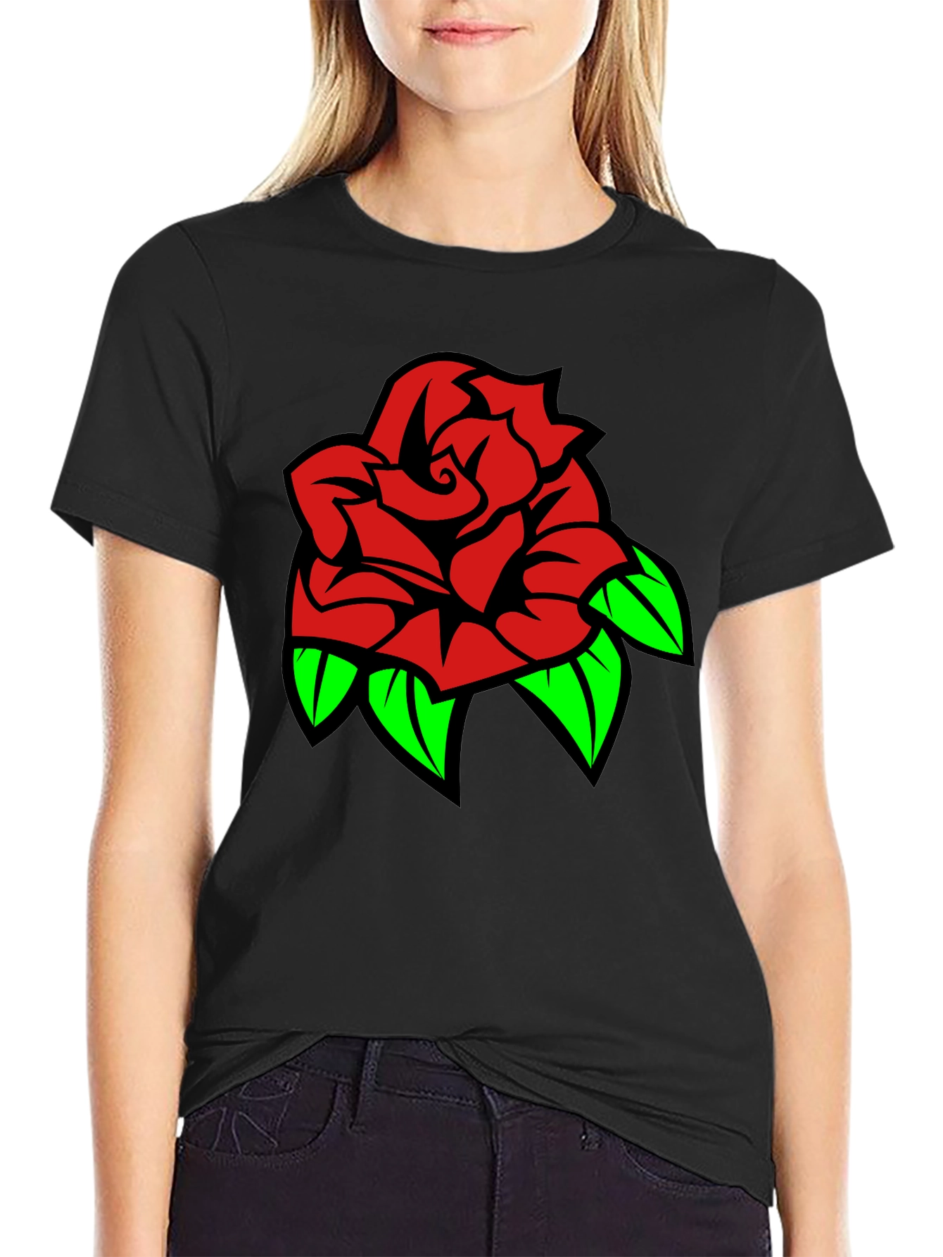 Rose Graphic Tee - Bold Red & Green Design
