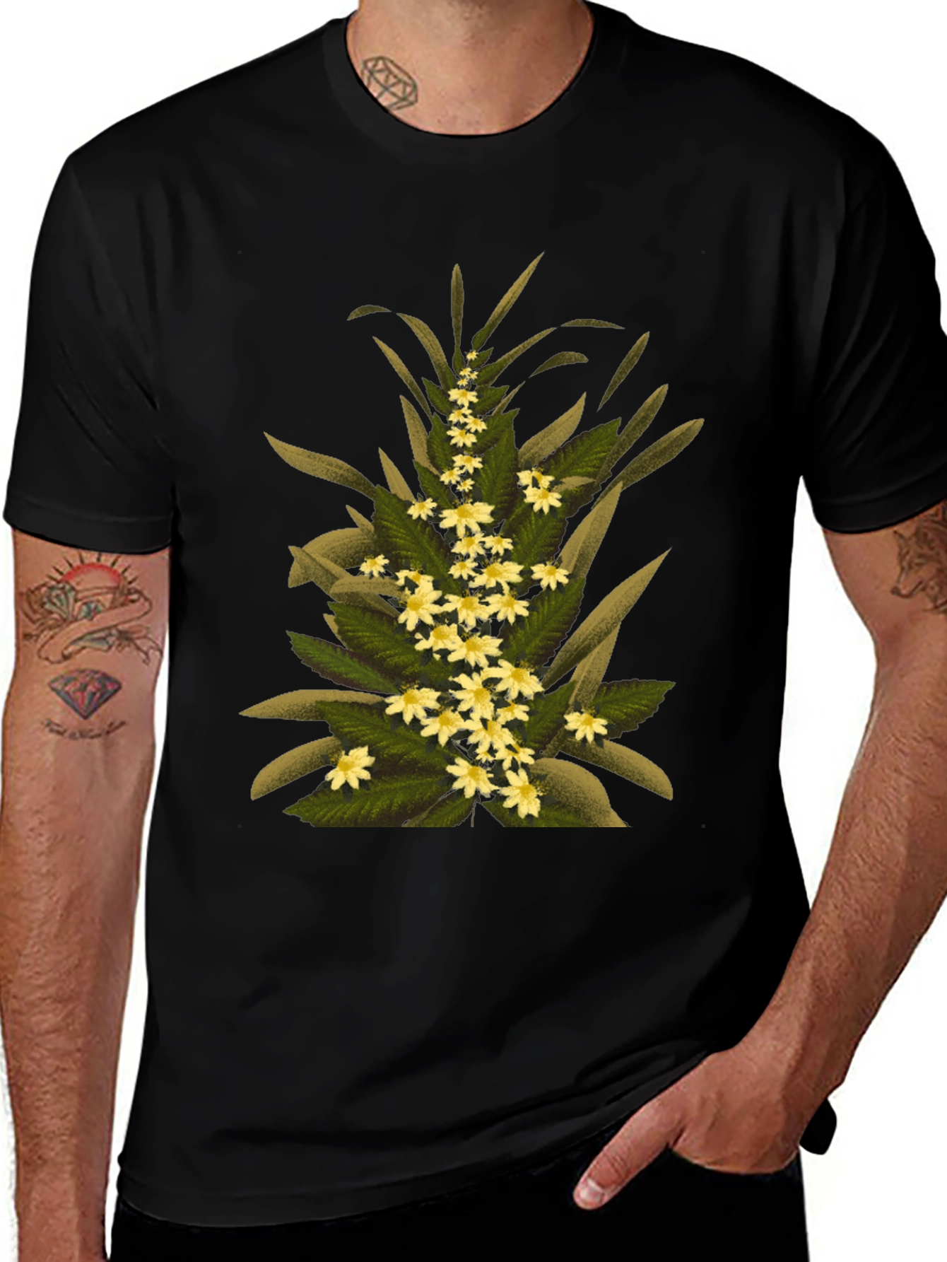 Floral Print T-Shirt - Black Cotton Tee
