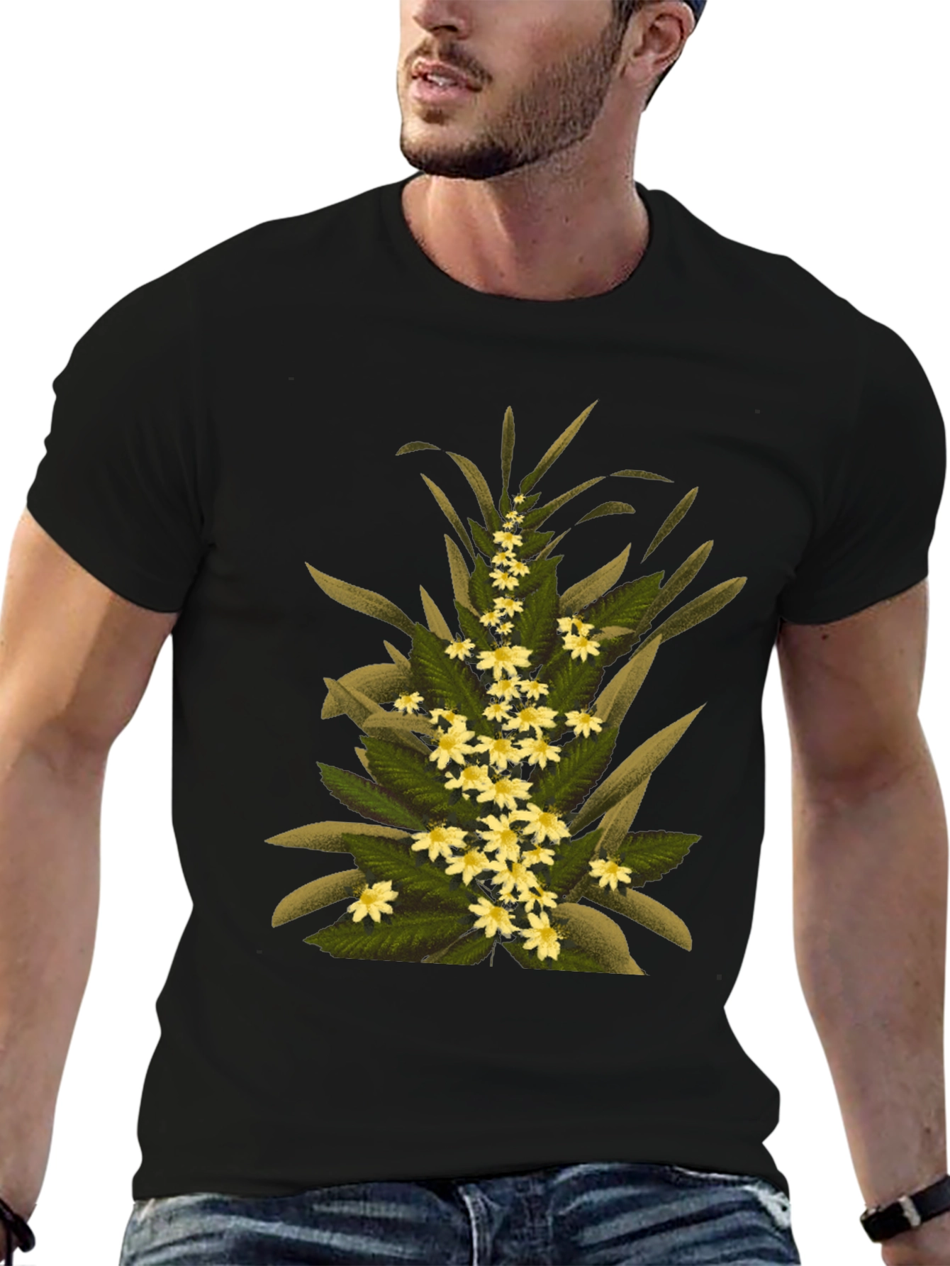 Floral Print T-Shirt - Black Cotton Tee