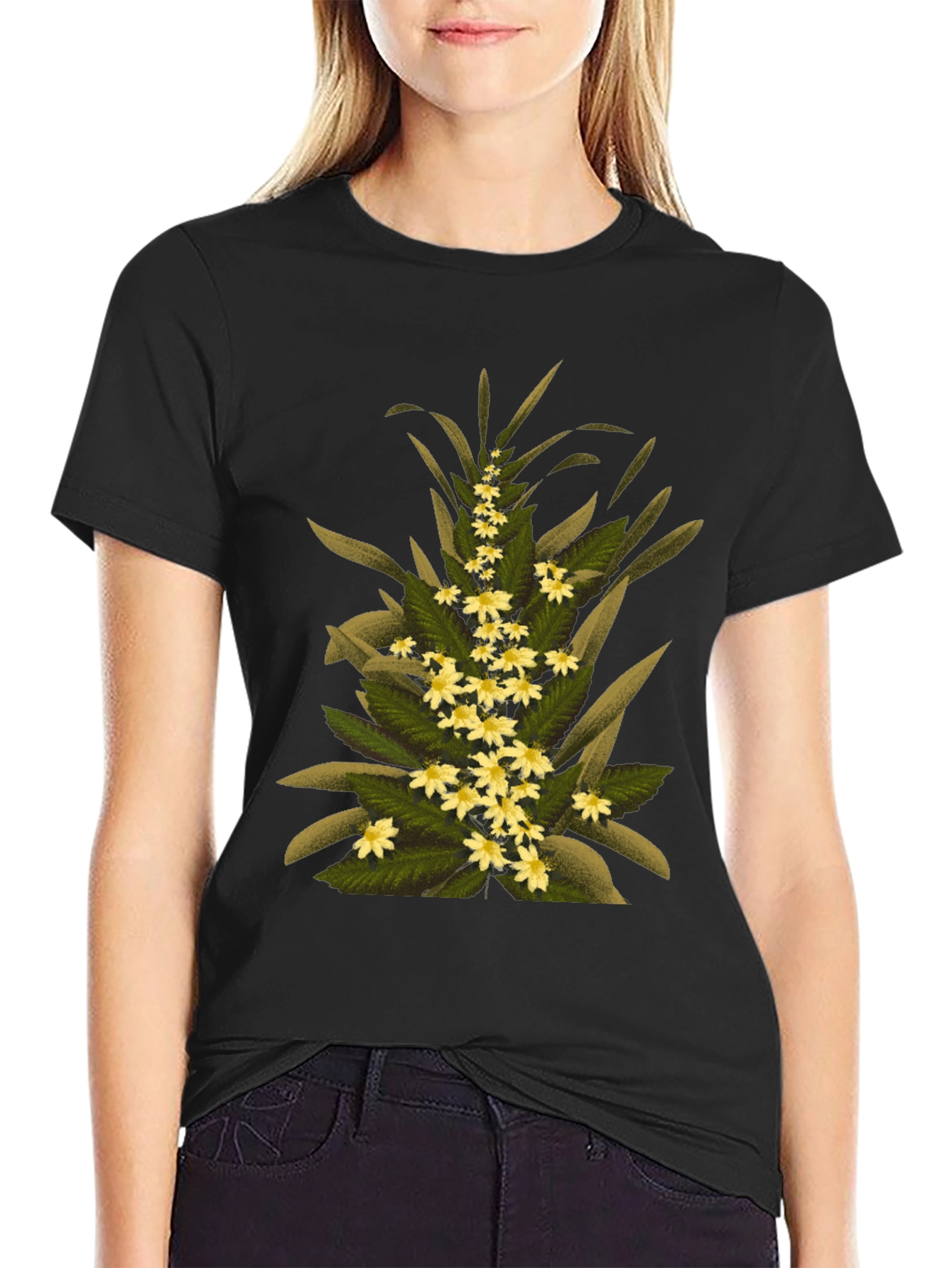 Floral Print T-Shirt - Black Cotton Tee