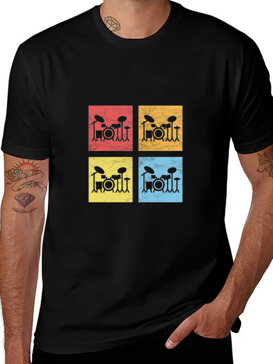 Drum Kit Pop Art Graphic Tee - Black Cotton T-Shirt