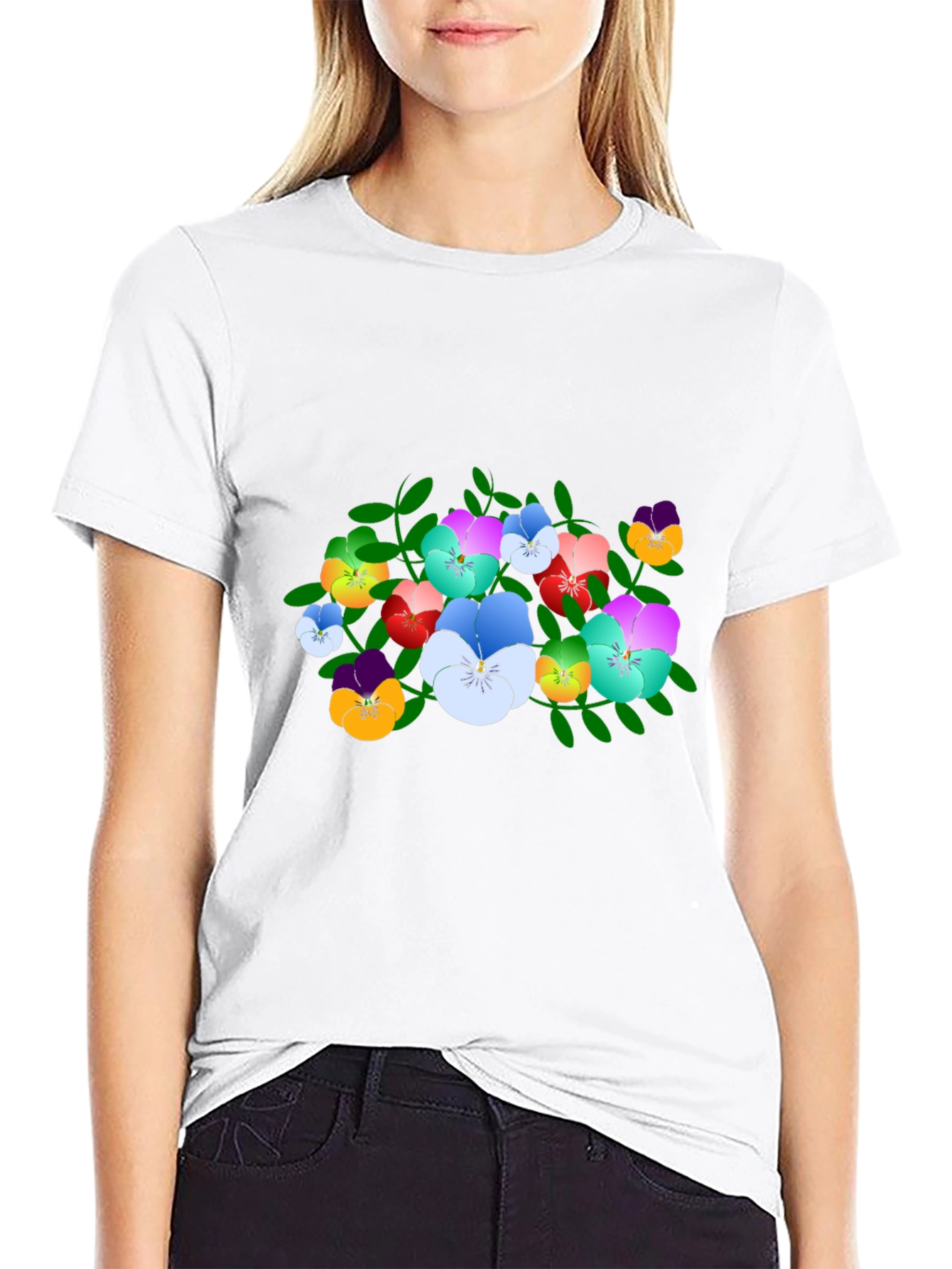 Floral Pansy Print Black T-Shirt