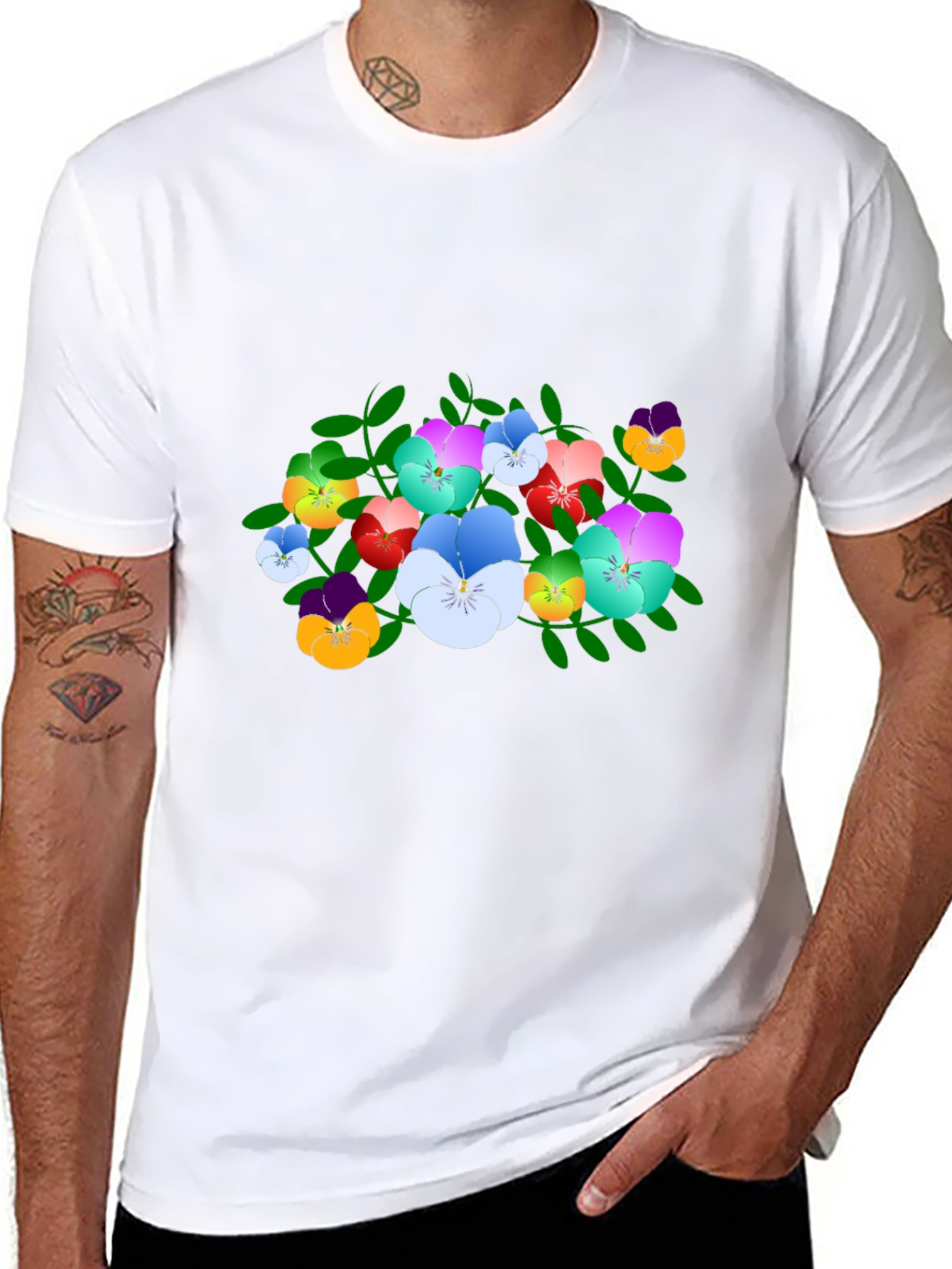 Floral Pansy Print Black T-Shirt