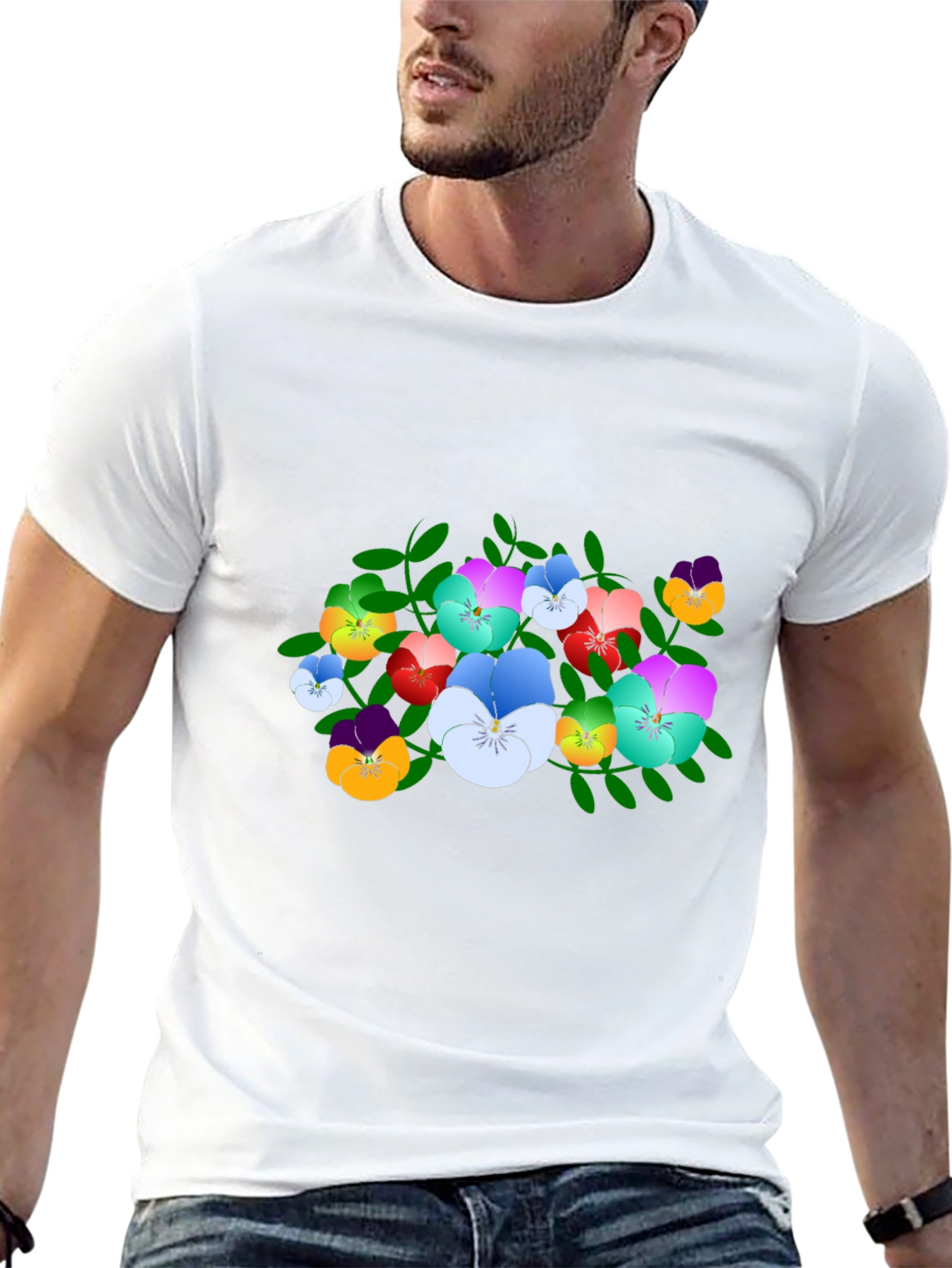 Floral Pansy Print Black T-Shirt