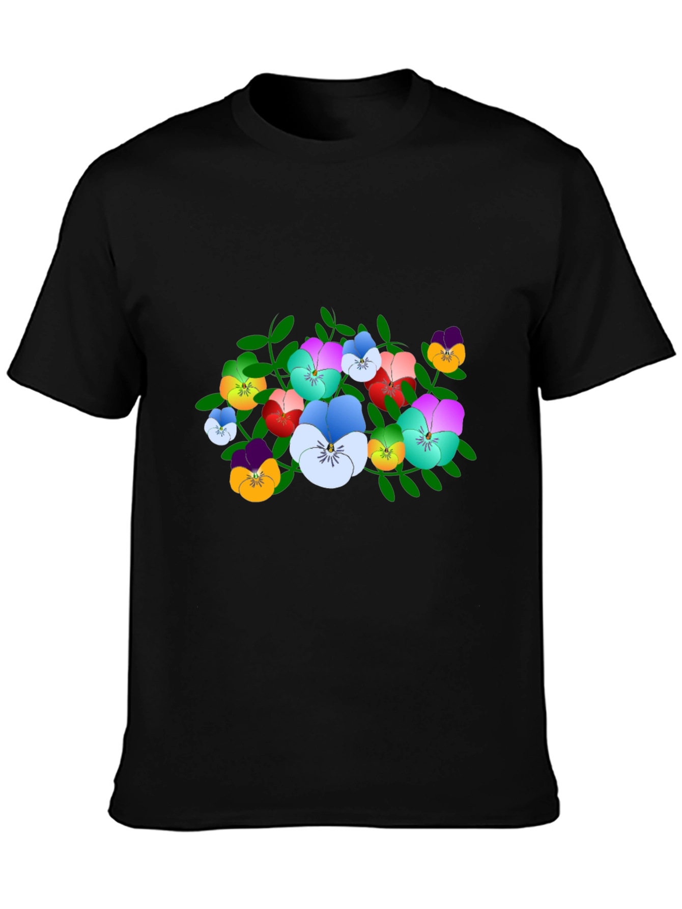 Floral Pansy Print Black T-Shirt