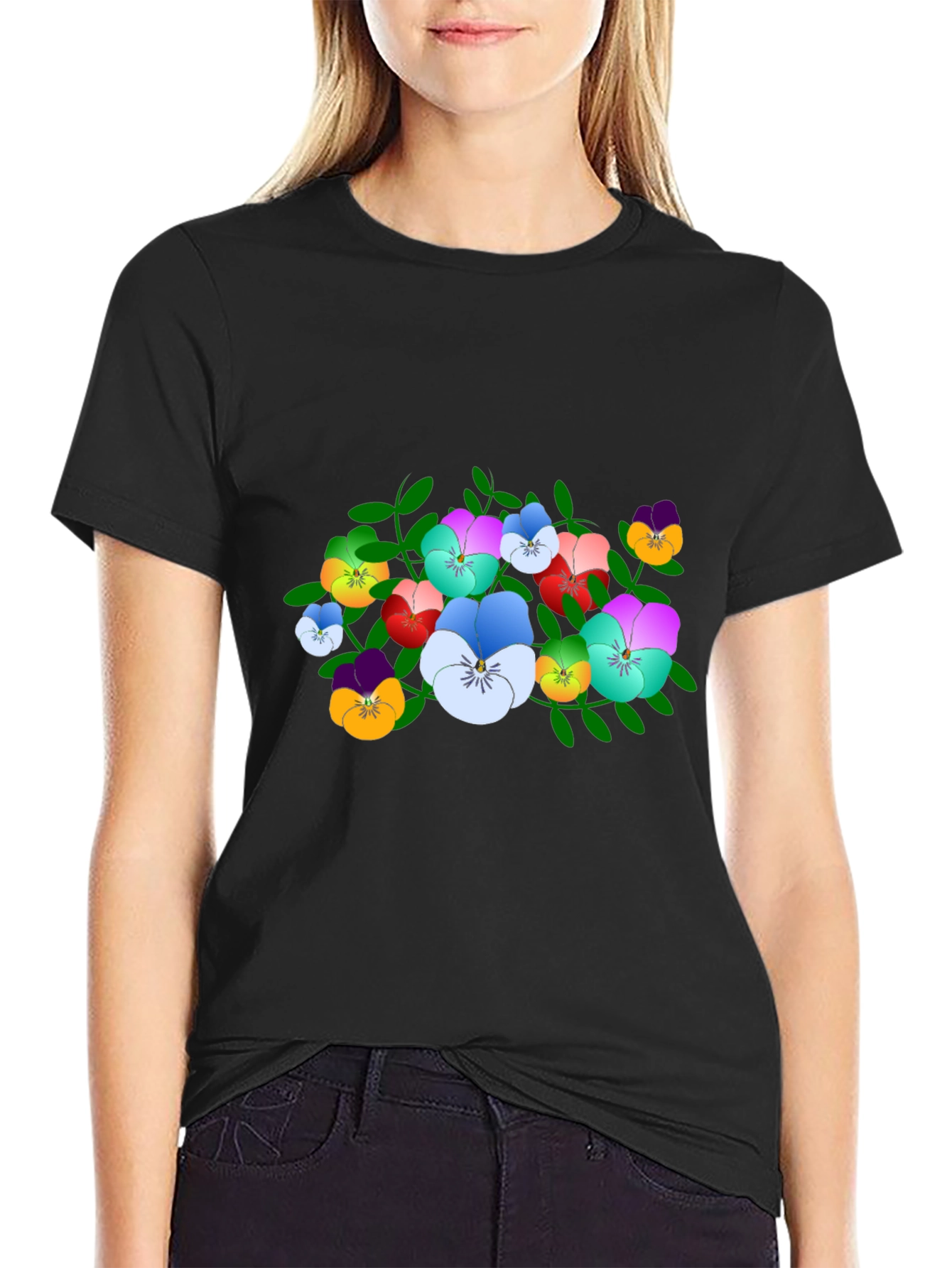 Floral Pansy Print Black T-Shirt