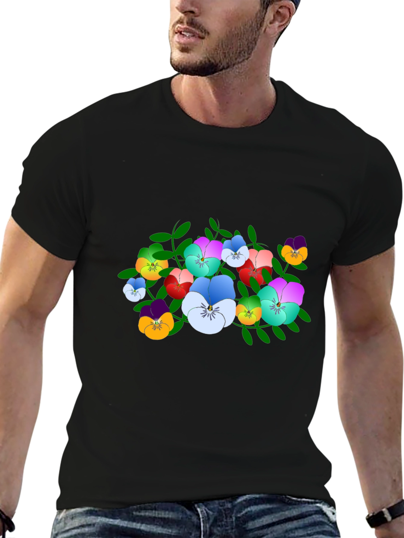 Floral Pansy Print Black T-Shirt