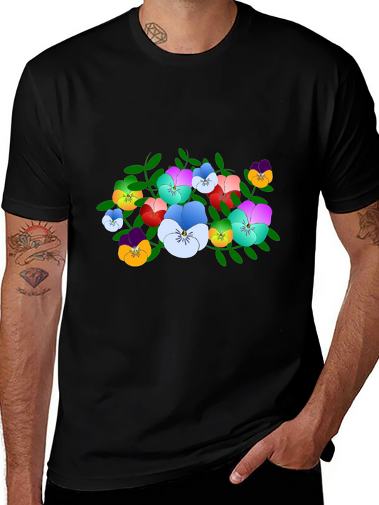 Floral Pansy Print Black T-Shirt