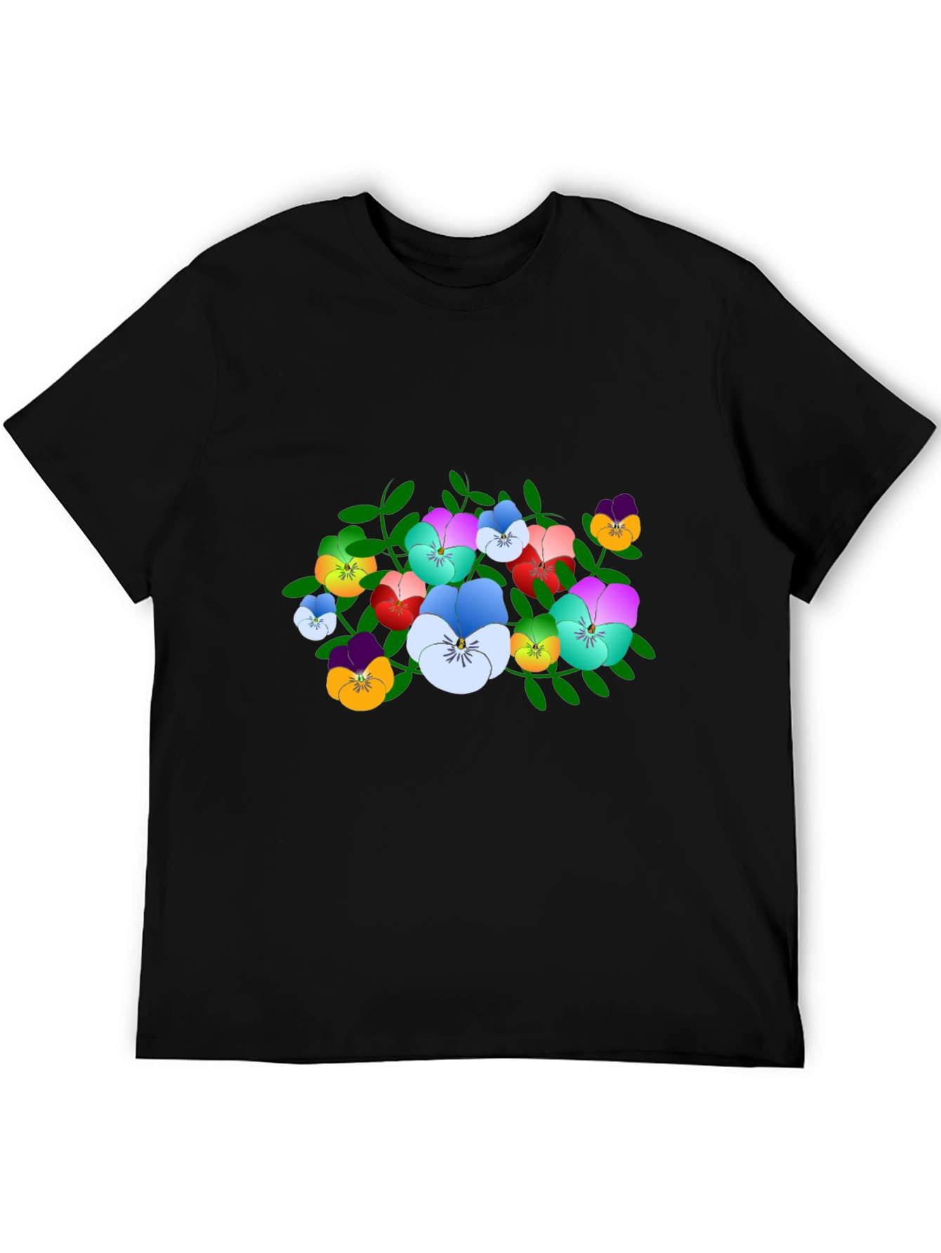 Floral Pansy Print Black T-Shirt