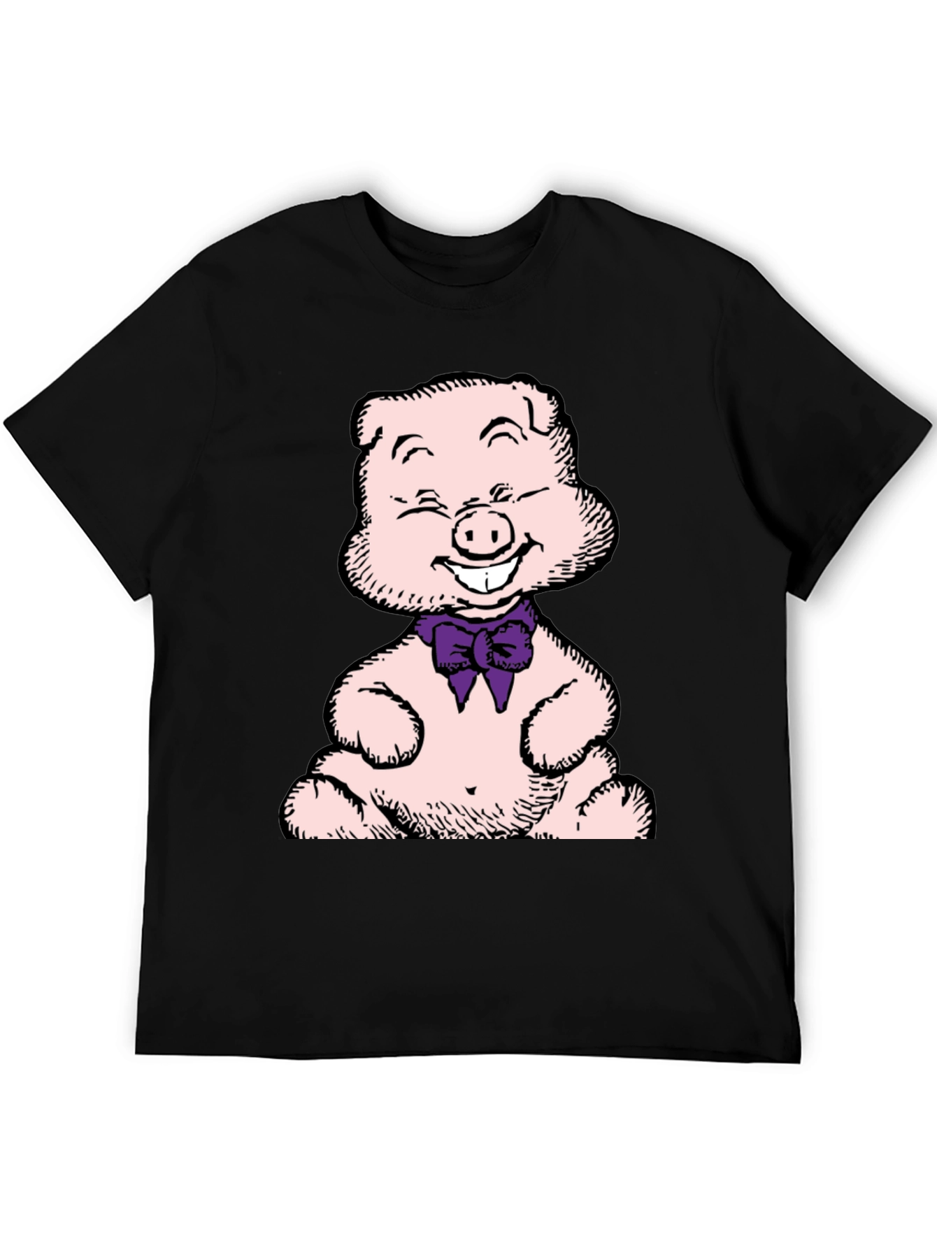 Pig Cartoon Graphic T-Shirt Black Crew Neck