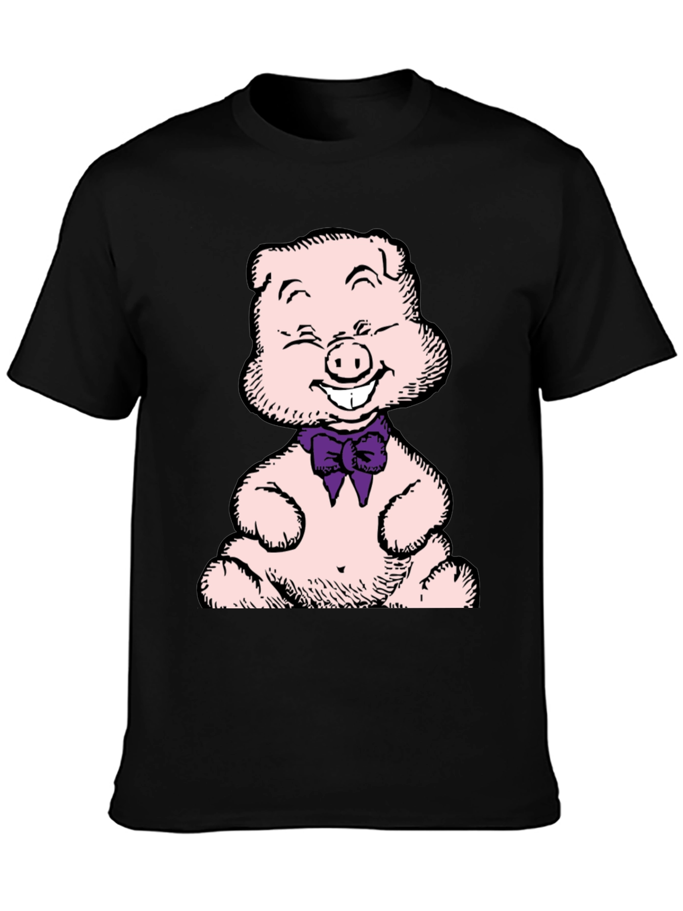 Pig Cartoon Graphic T-Shirt Black Crew Neck