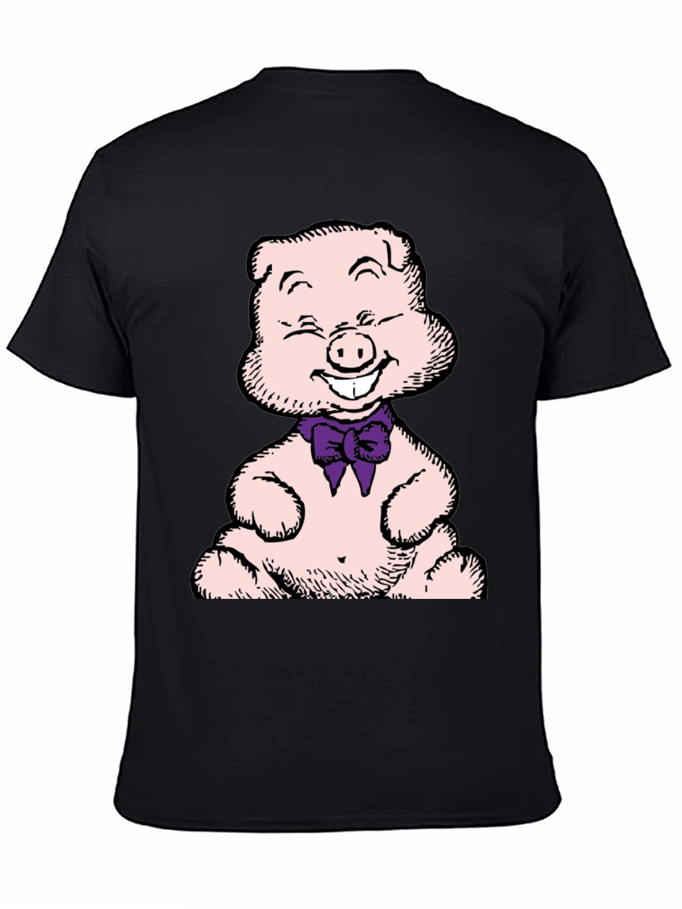 Pig Cartoon Graphic T-Shirt Black Crew Neck