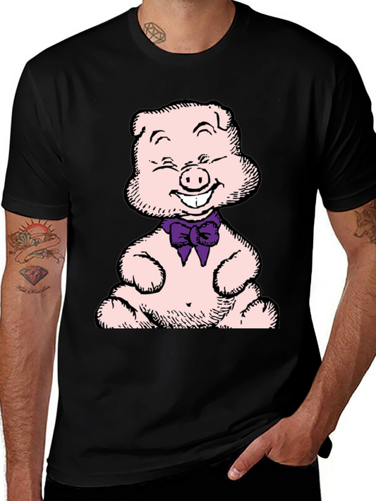 Pig Cartoon Graphic T-Shirt Black Crew Neck