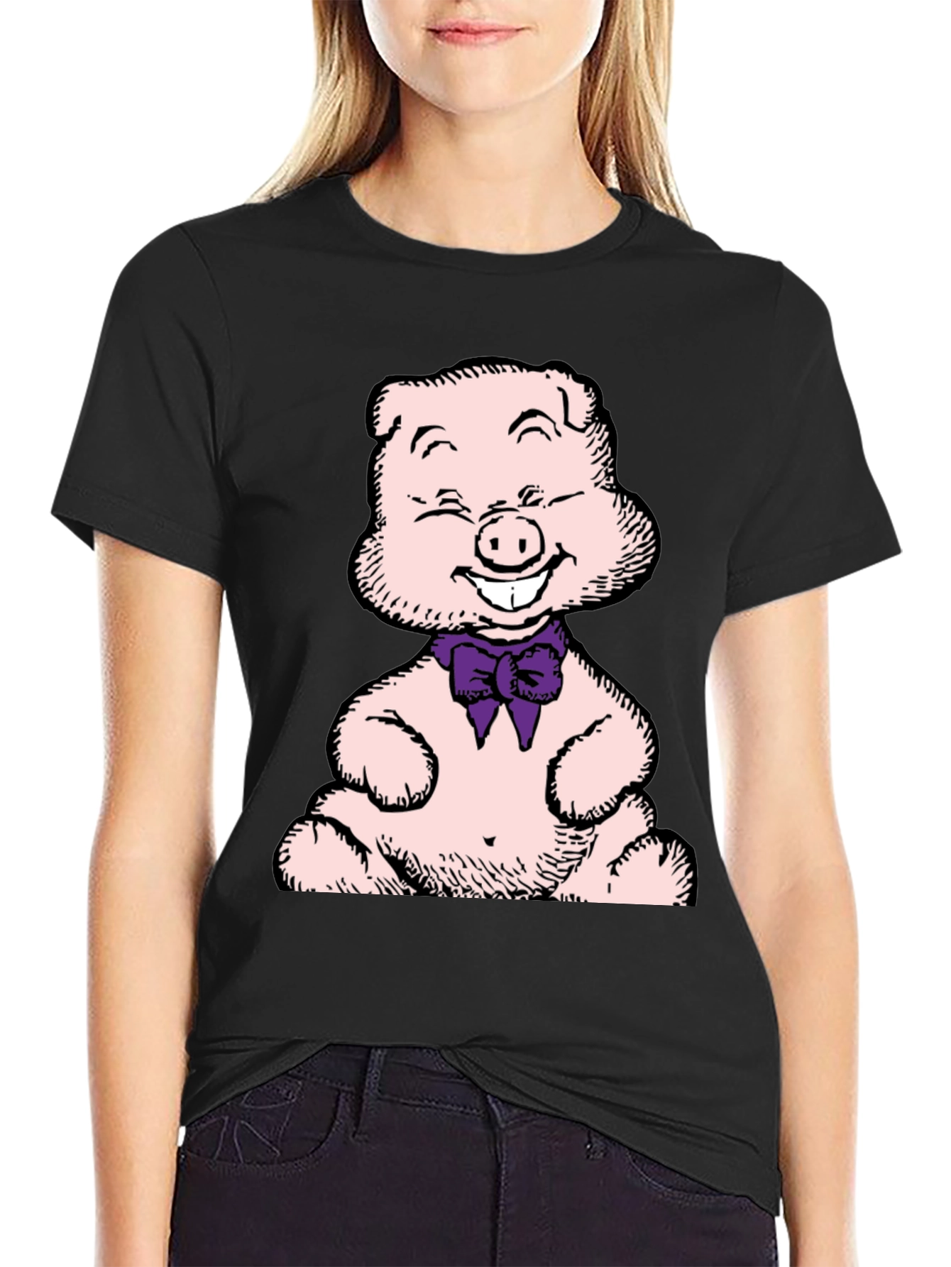 Pig Cartoon Graphic T-Shirt Black Crew Neck