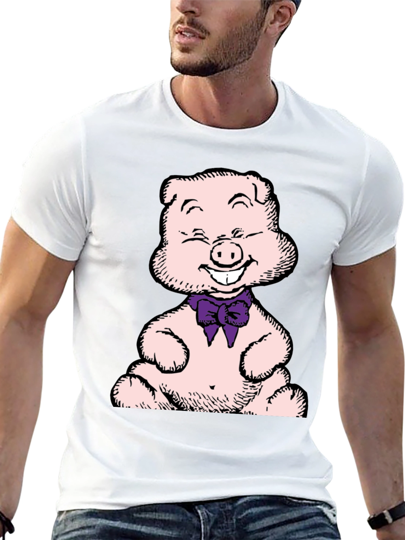 Pig Cartoon Graphic T-Shirt Black Crew Neck