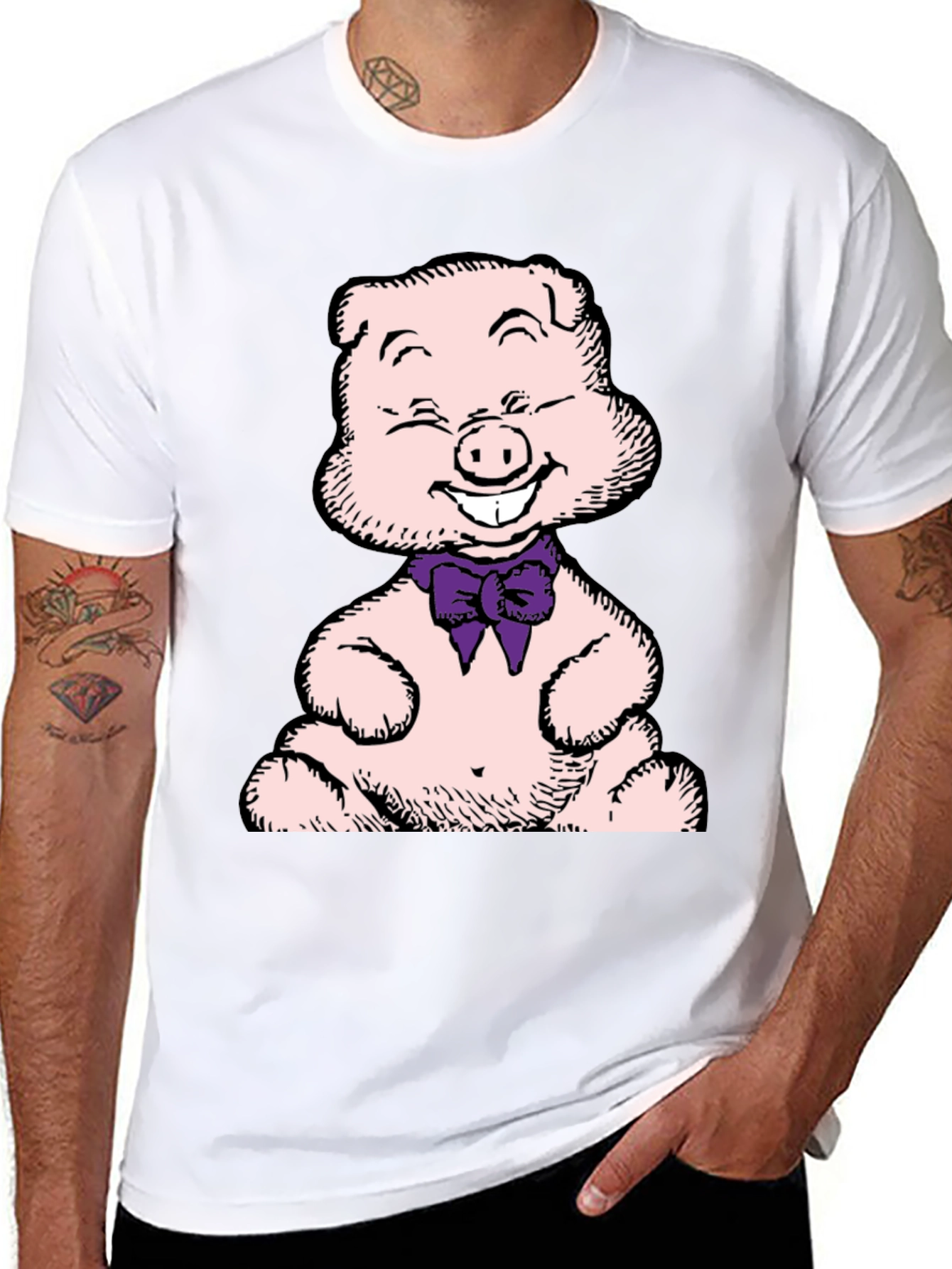 Pig Cartoon Graphic T-Shirt Black Crew Neck
