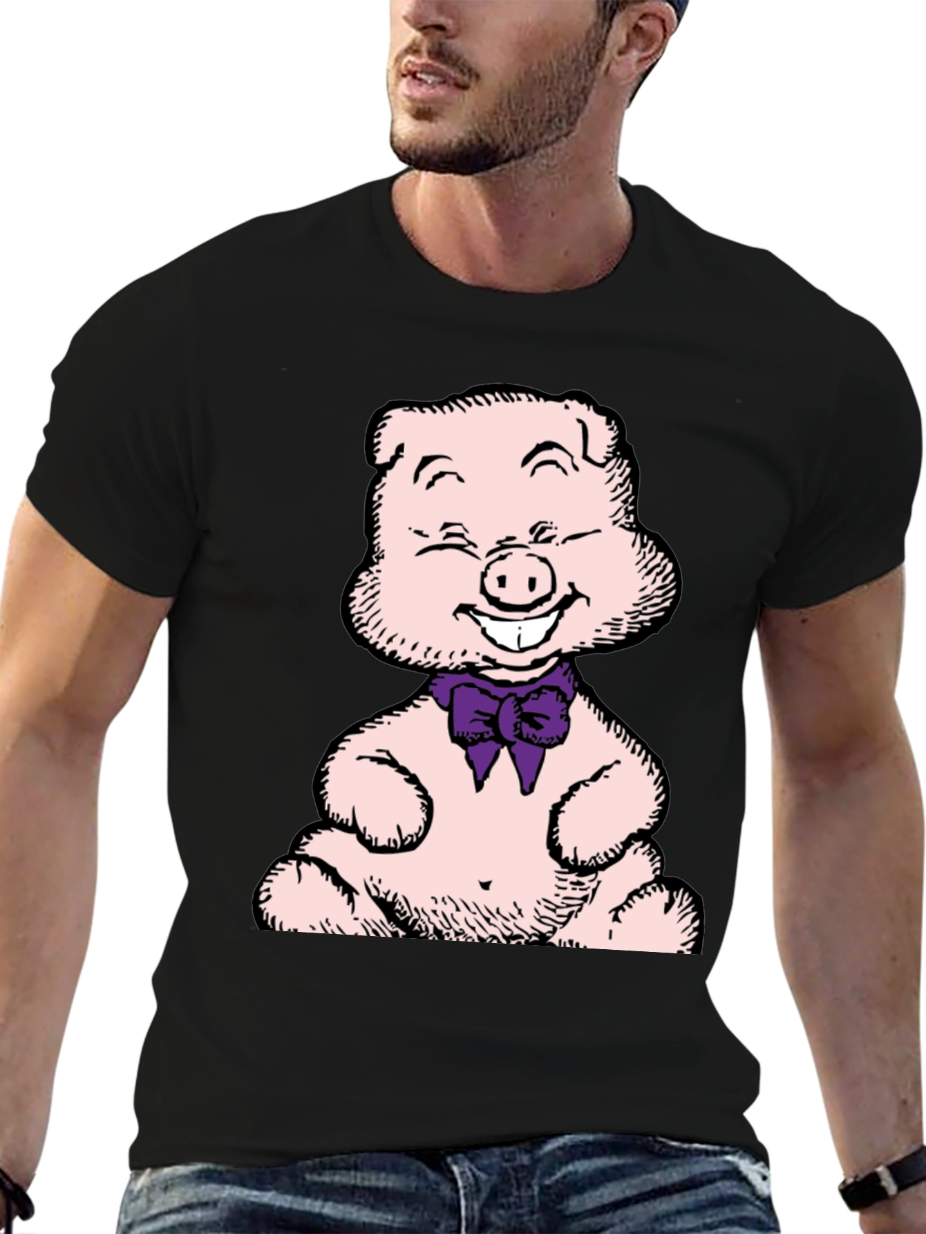 Pig Cartoon Graphic T-Shirt Black Crew Neck