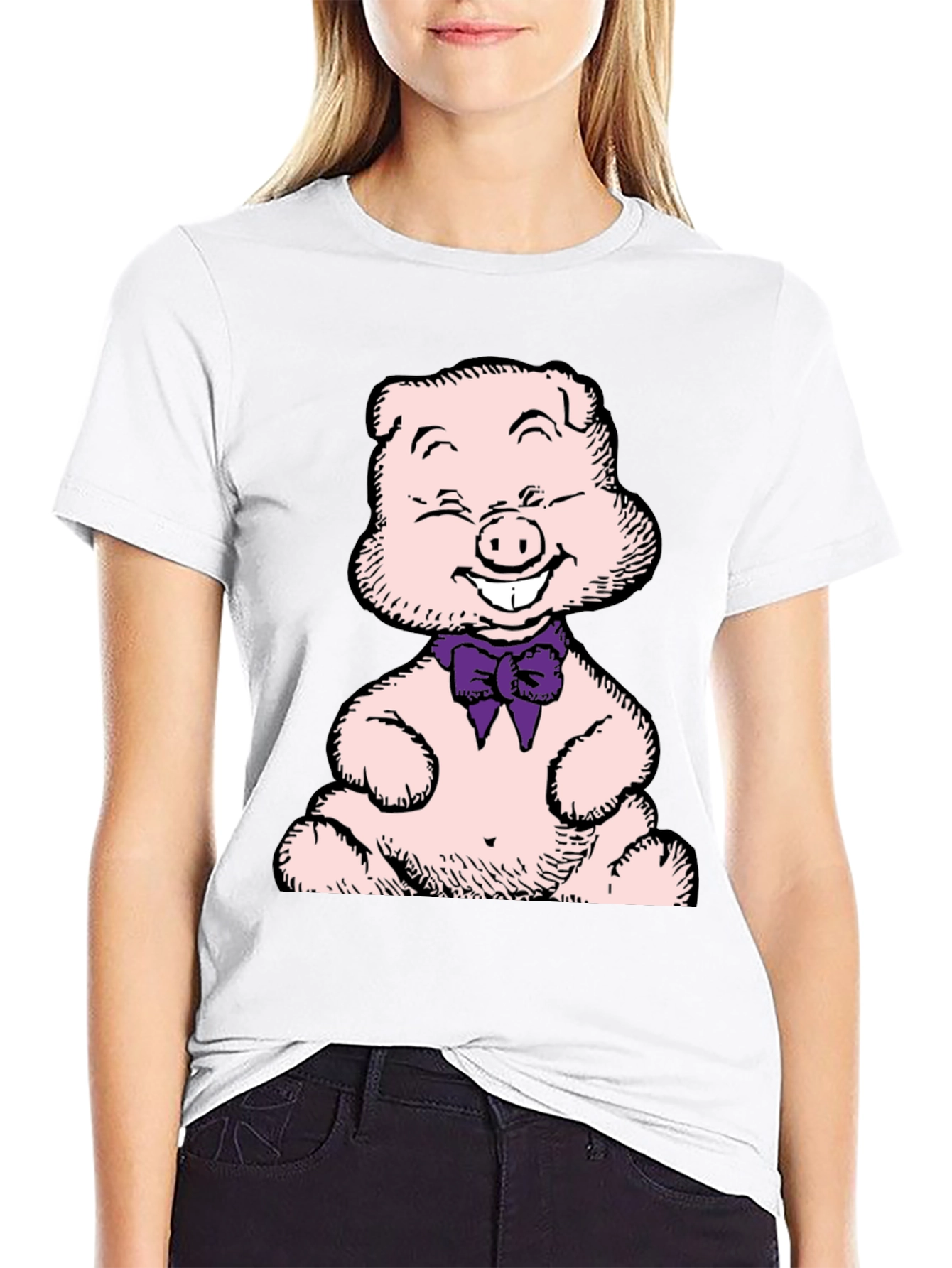 Pig Cartoon Graphic T-Shirt Black Crew Neck