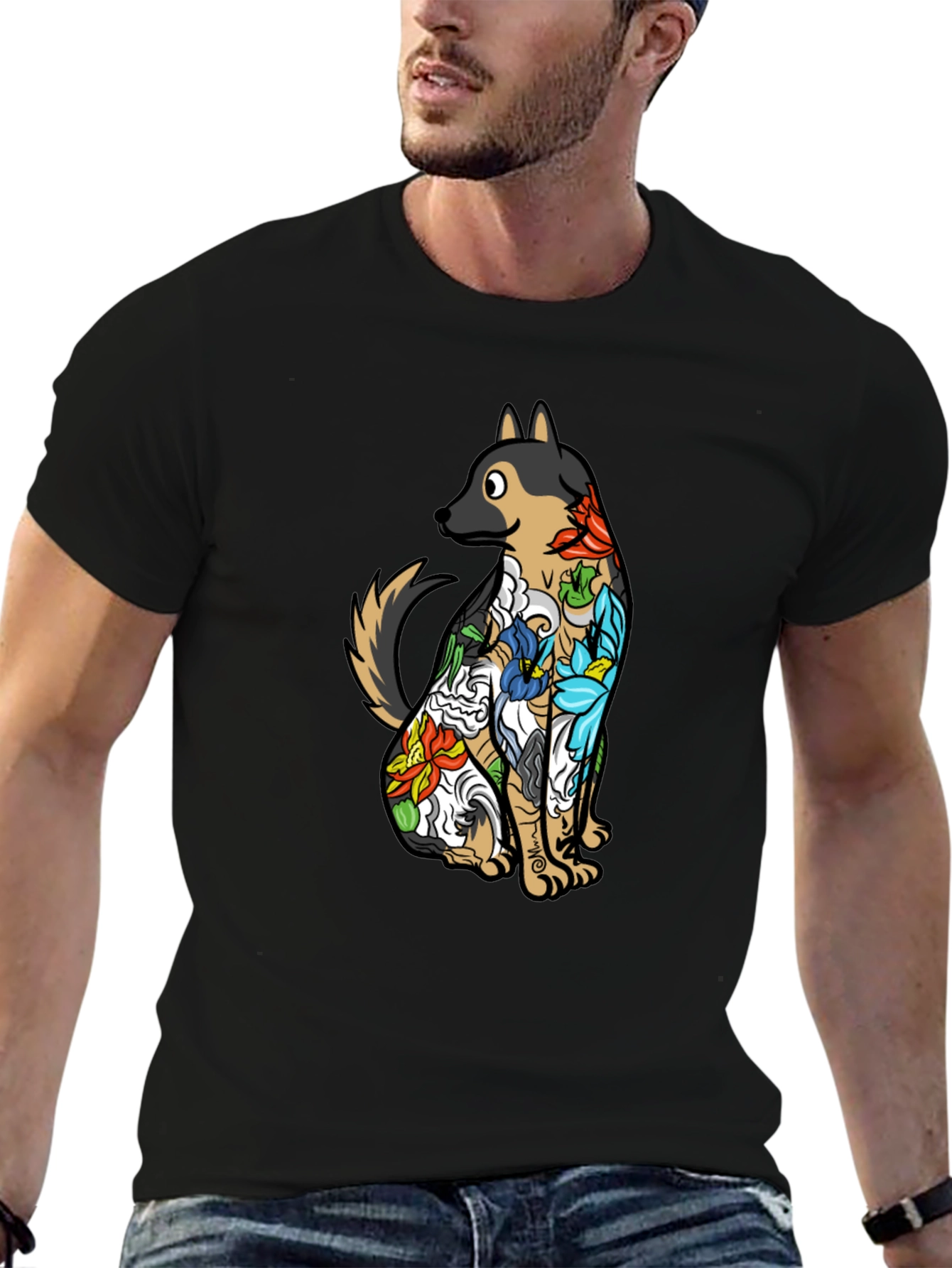 Floral Dog Print Black T-Shirt