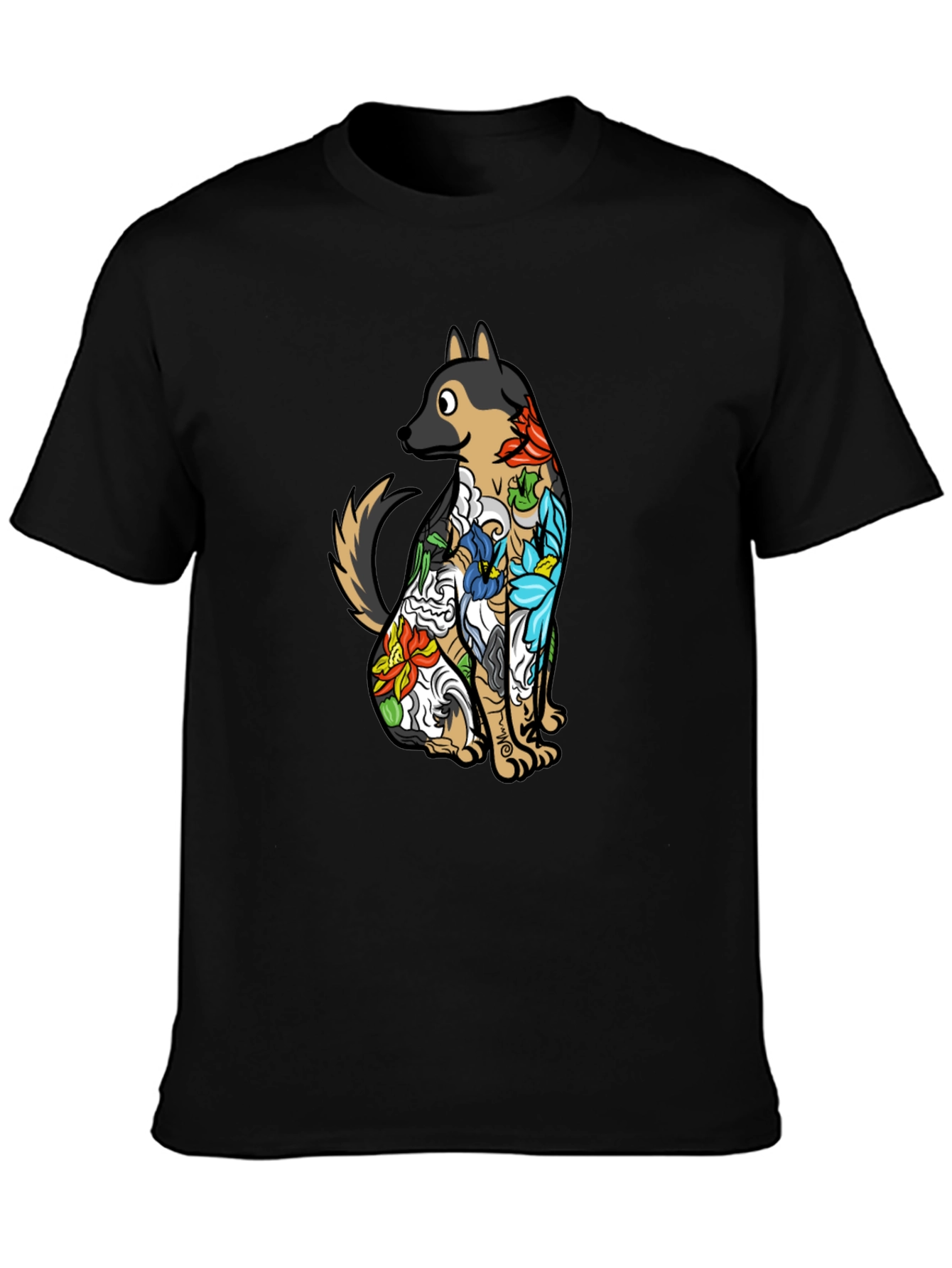 Floral Dog Print Black T-Shirt